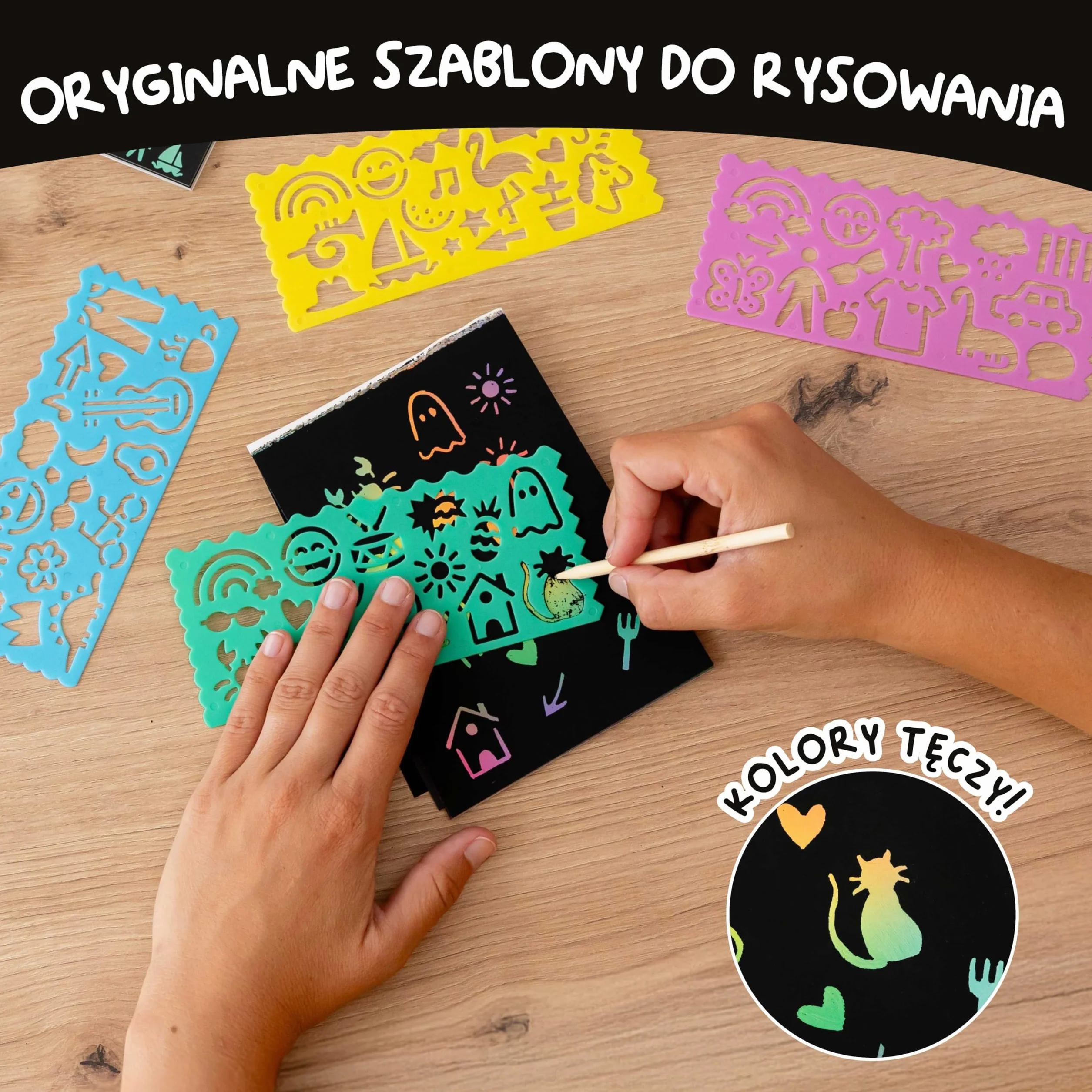 BONNYCO Tęczowe Zdrapki dla Dzieci, 16 Zestawów z Notesem, Szablonem i Drewnianym Patyczkiem. Upominki, Nagrody Klasowe i Prezenty Koniec Roku 3-12 Lat