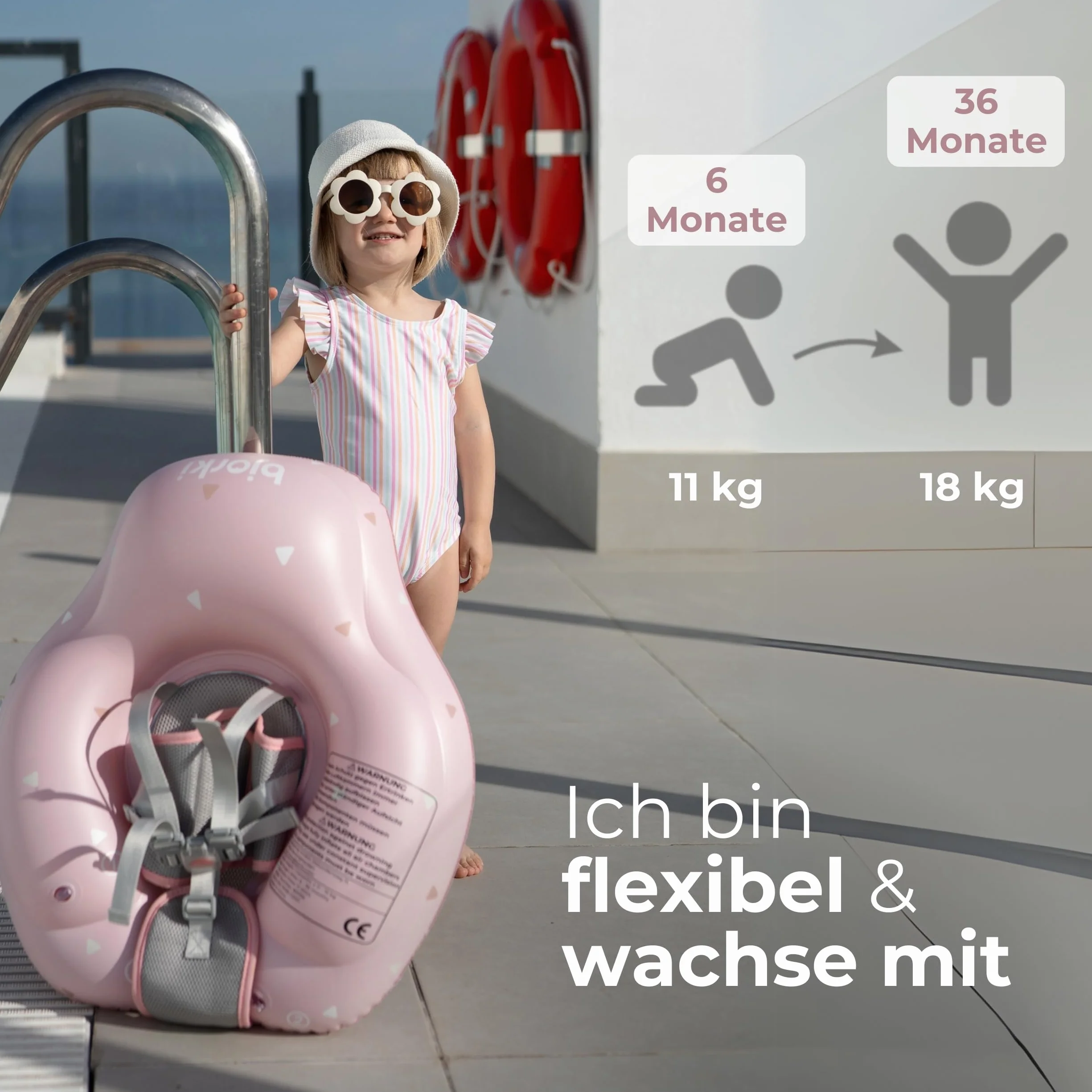 BJORKI® Koło do pływania dla niemowląt 6-36 miesięcy, stabilne, bezpieczne, pozycja 40°