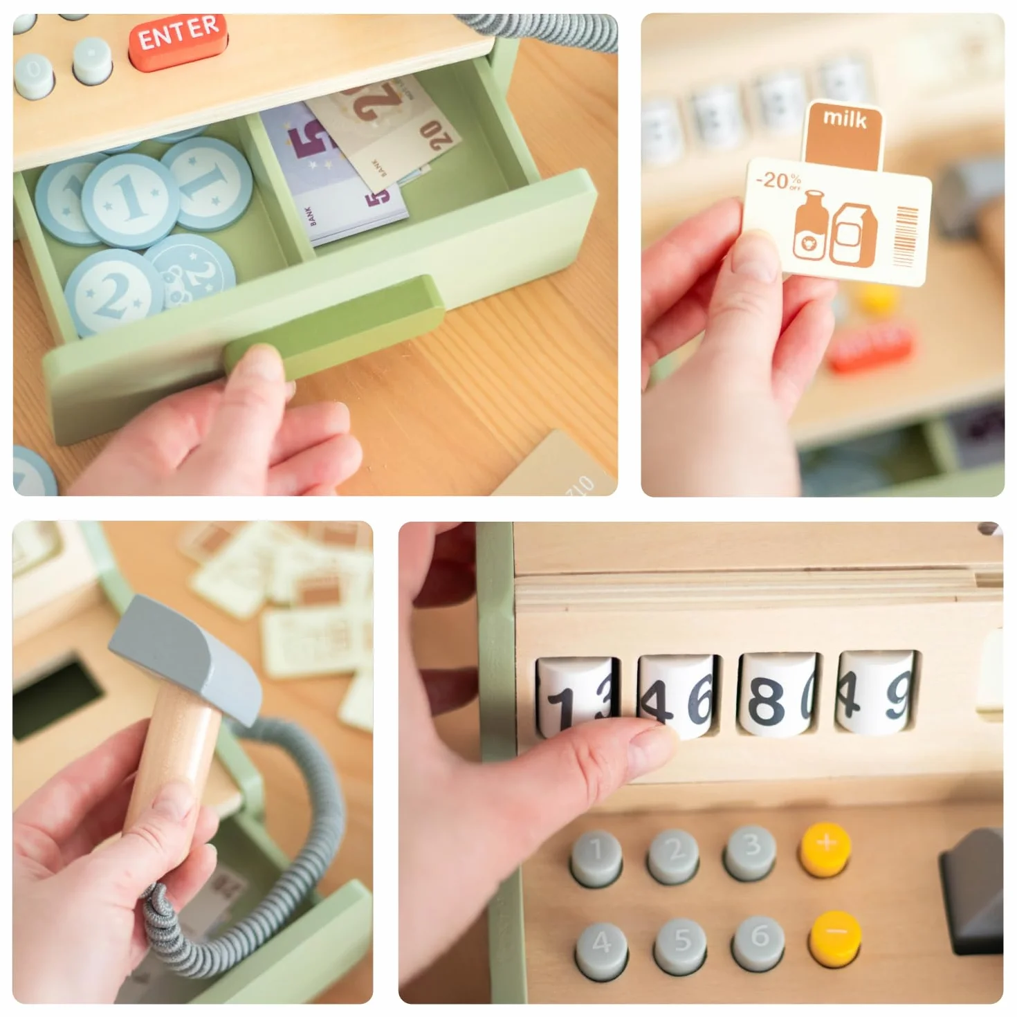 umu Kasa dziecięca z drewna – w zestawie akcesoria (skaner, terminal płatniczy, pieniądze do gry itd.), sklepy i akcesoria do odgrywania ról, kasa dla dzieci od 3, 4, 5, 6 lat