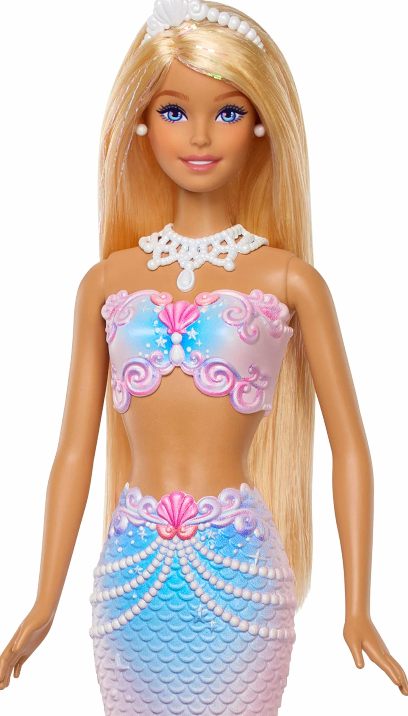 Barbie Lalka Bąbelkowa syrenka Magiczne bańki (długie blond włosy, lśniące pasemka), funkcja robienia baniek, płyn do baniek, tacka i szczotka do włosów, zestaw zabawka dla dzieci 3+, JLW56