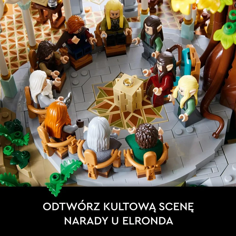 LEGO 10316 Icons WŁADCA PIERŚCIENI: RIVENDELL, duży zestaw klocków konstrukcyjnych dla dorosłych z 15 minifigurkami, w tym Frodo, Sam i Bilbo Baggins, replika Rivendell, pomysł na prezent