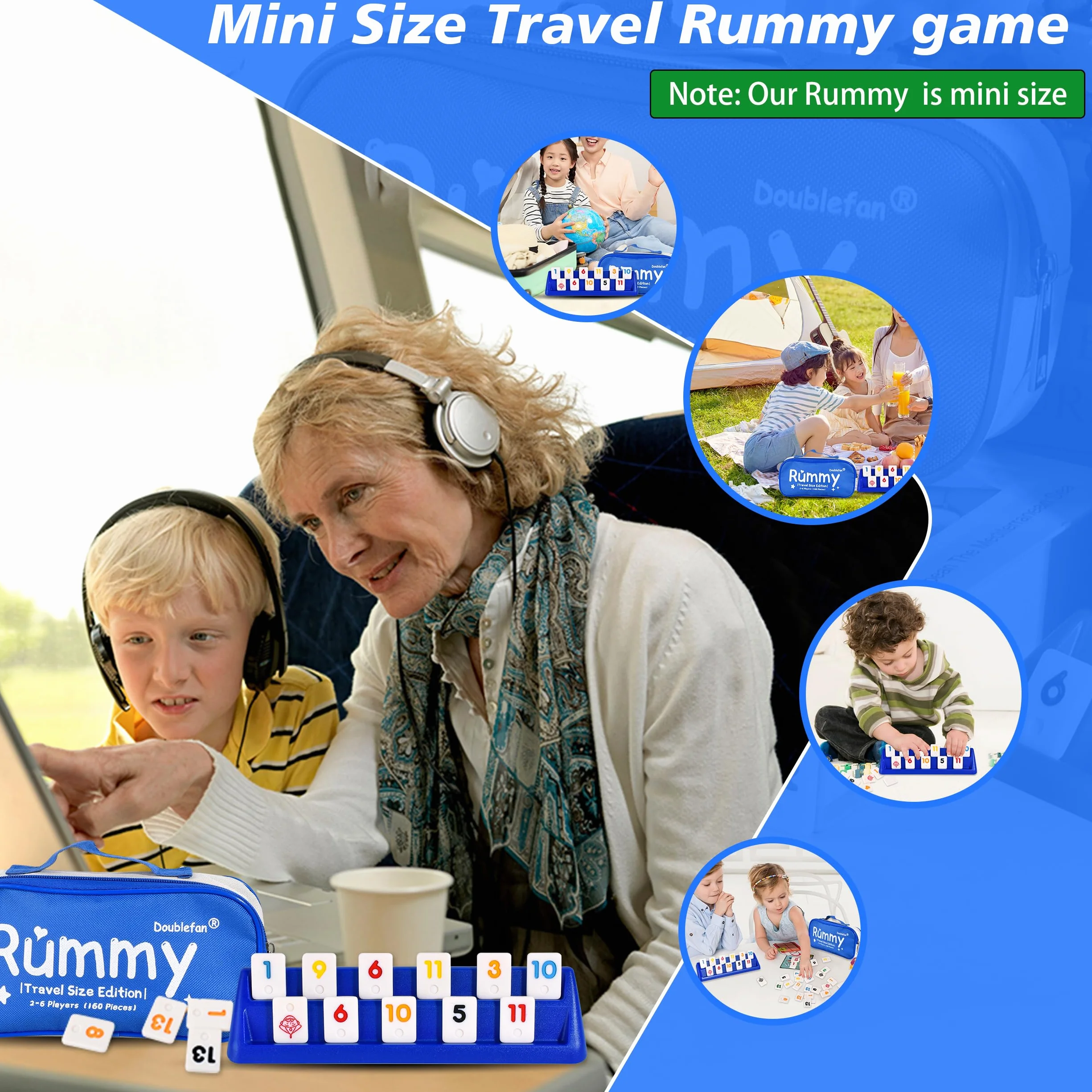 Doublefan Mini zestaw rummy, gra w podróży z wytrzymałą torbą z płótna żaglowego, klasyczna gra dla dorosłych i dzieci, 160 kamieni, 6 stojaków do zabawy, 1 kostka (2-6 graczy)