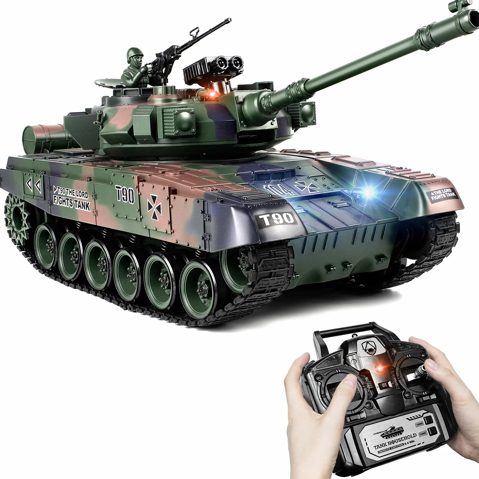 Supdex Czołg RC 1:18, 2,4 GHz RUS T-90 zdalnie sterowany model czołgu zabawki, armia bojowa z dymem, lekki dźwięk, przełącznik głośności, zabawka wojskowa dla dorosłych i dzieci, która strzela BBS