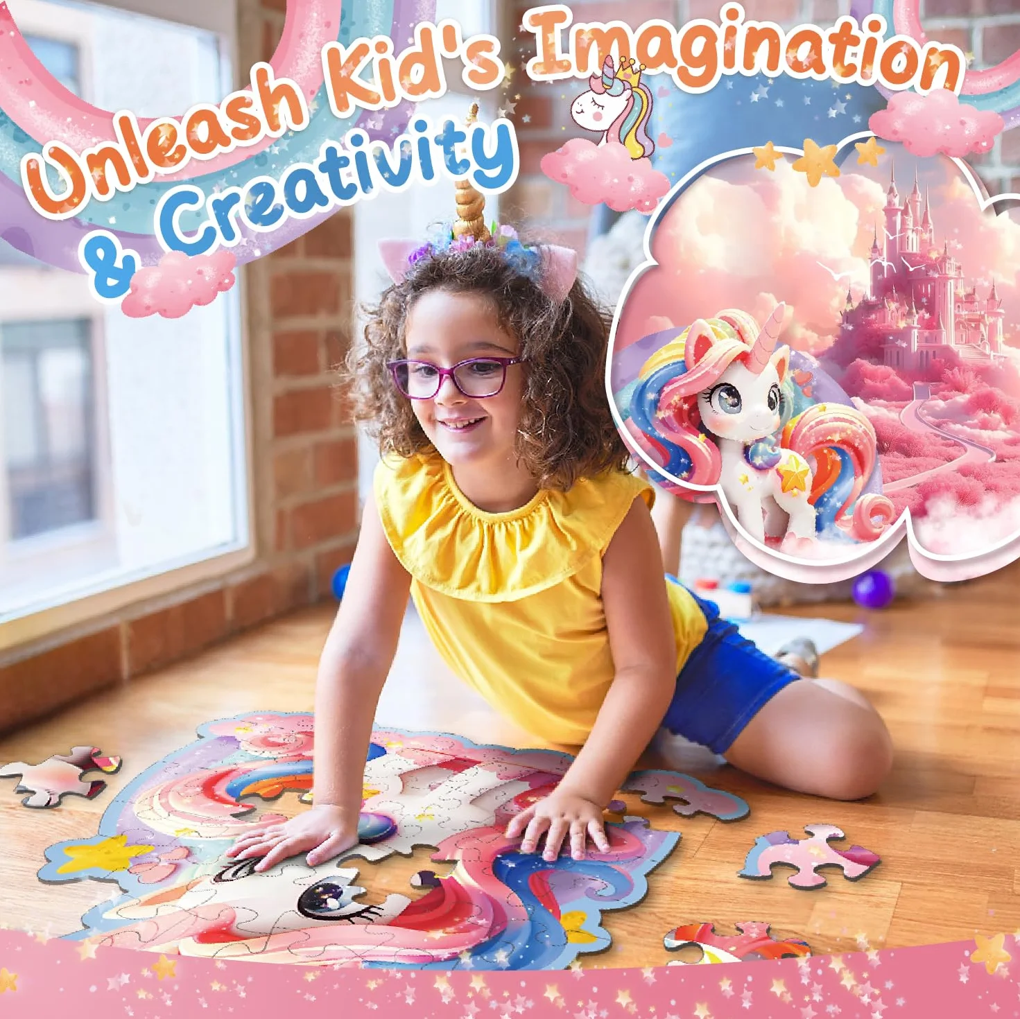 Kiztoys Puzzle podłogowe Jednorożec dla dziewczyn - 45 sztuk uroczych różowych puzzli jednorożca, prezenty z jednorożcem dla dzieci w wieku 3-8 lat