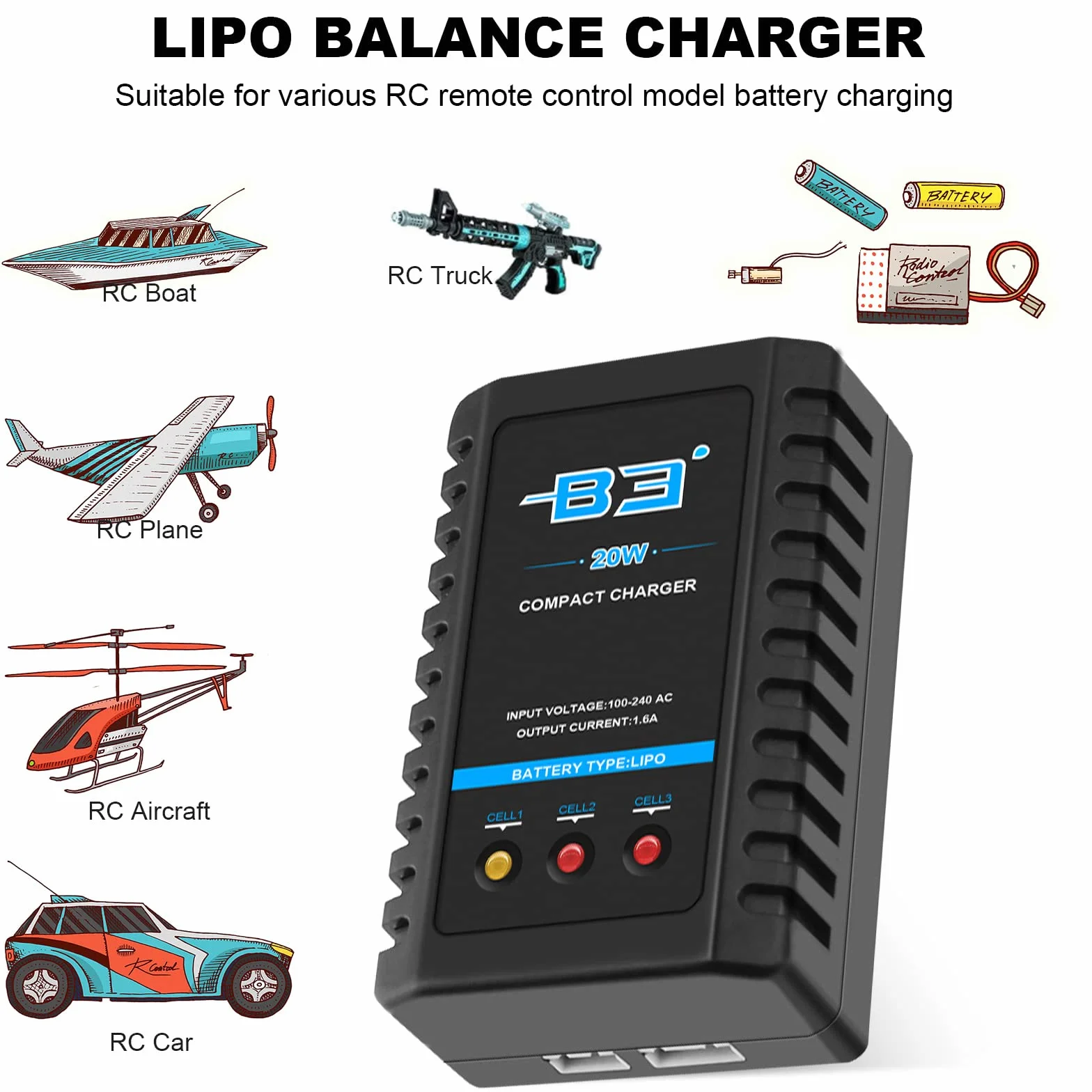 Cargador de batería B3 Lipo 2S-3S 7.4V-11.1V 100-240V para RC