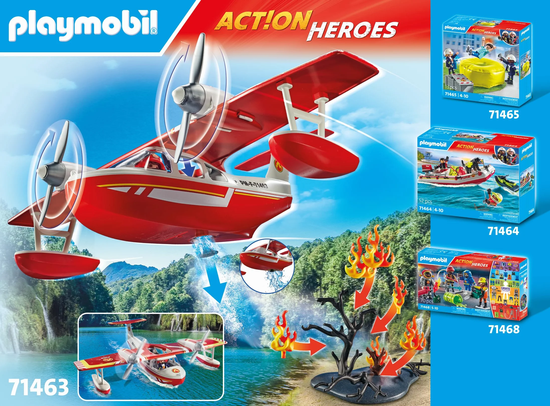 PLAYMOBIL Action Heroes 71463 Samolot straży pożarnej z funkcją gaszenia pożaru, bohaterskie misje ratunkowe. Zabawne i pomysłowe odgrywanie ról, zabawki dla dzieci w wieku od 4 roku życia