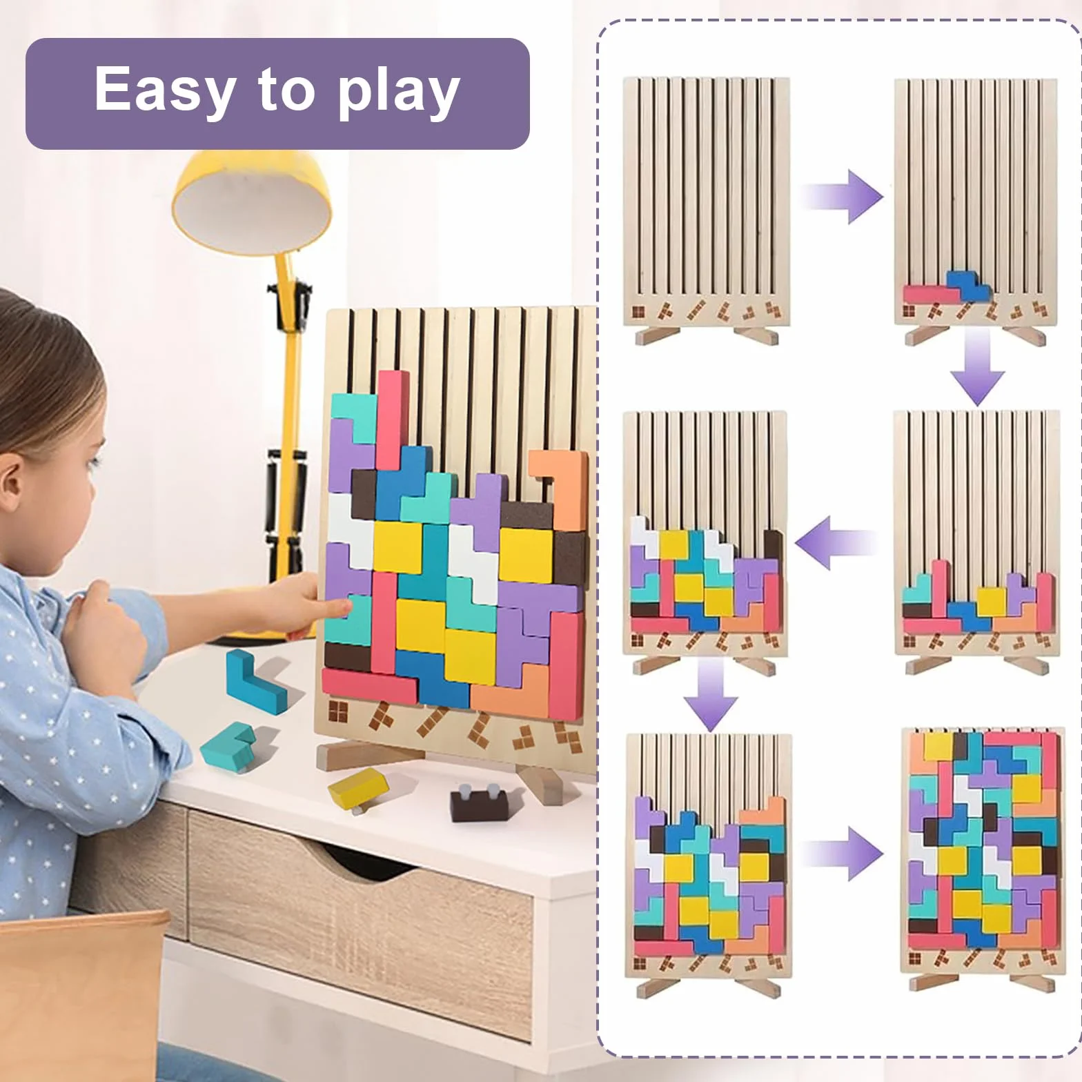 Tetris drewniana zabawka dla dzieci, drewniana zabawka puzzle, Montessori, dla dzieci w wieku od 2 do 10 lat