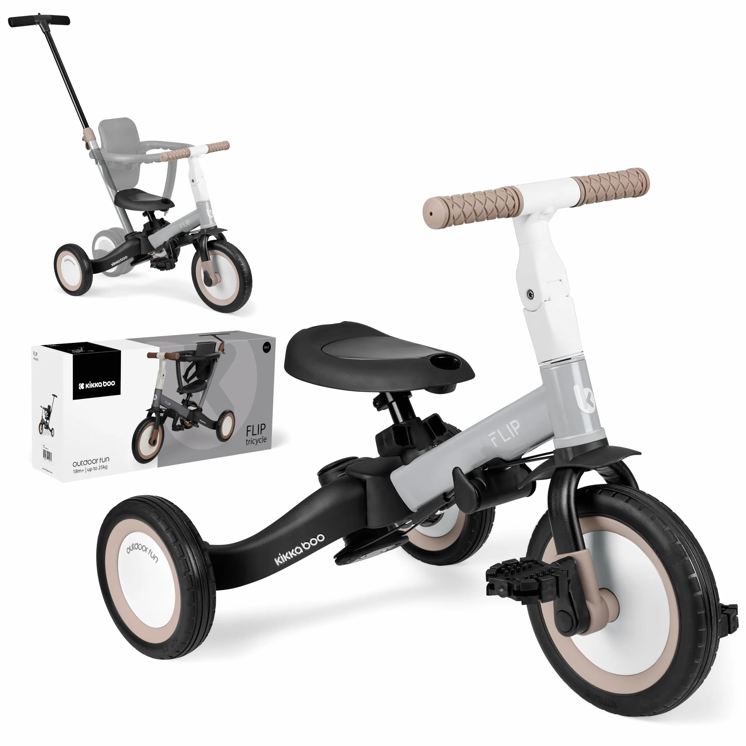 KikkaBoo FLIP Rower Trójkołowy 5 w 1 dla Dzieci 1–5 Lat, Konwertowany na Rower Biegowy z Pedałami lub Bez, Regulowany i Transformowalny, Szary