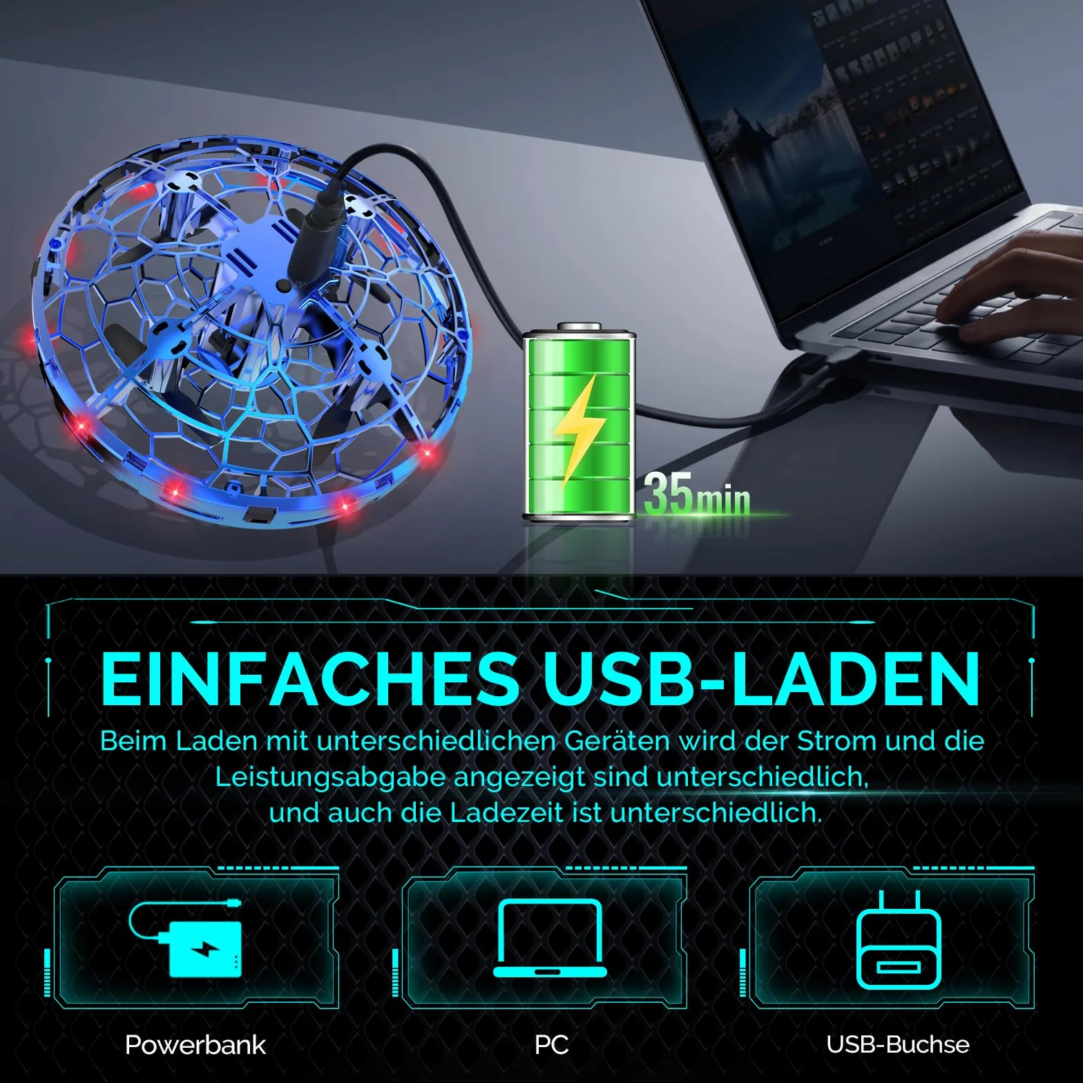 semai Mini UFO Drone Latająca piłka zabawka 360° Obrotowa latająca kula z oświetleniem LED, do użytku w pomieszczeniach i na zewnątrz Prezenty dla dzieci Chłopcy Dziewczęta 6 7 8 9 10+ lat, Niebieski