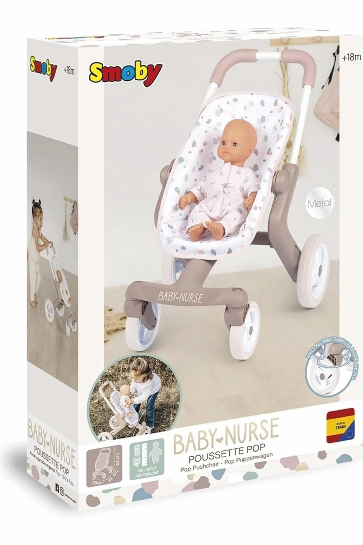 Smoby 251218 - Baby Nurse buggy Pop – wózek dla lalek w stylu dla lalek do 42 cm; dla dzieci od 18 miesięcy