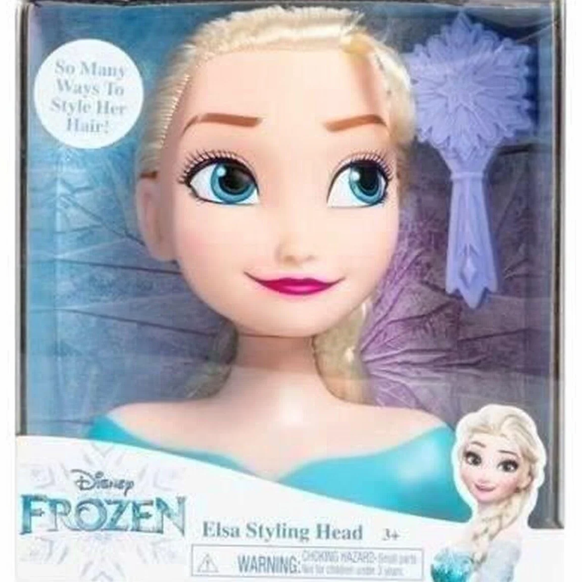 Disney Just Play 87490-JP Frozen Głowa fryzjerska Elsa Mini 14 cm ze szczotką do stylizacji włosów, od 3 lat, czarna