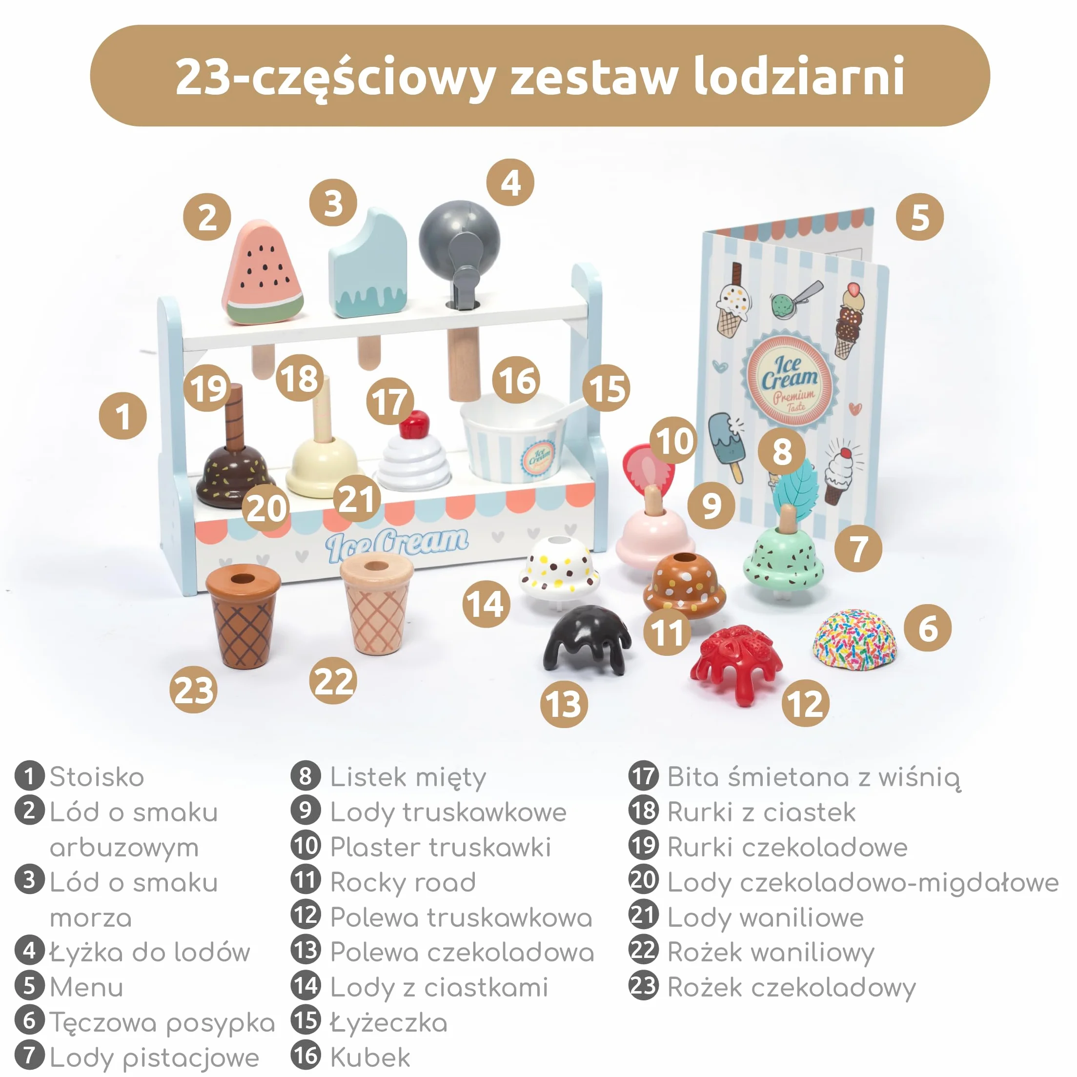 Drewniana Lodziarnia dla Dzieci z Akcesoriami Kuchennymi Zabawka Role