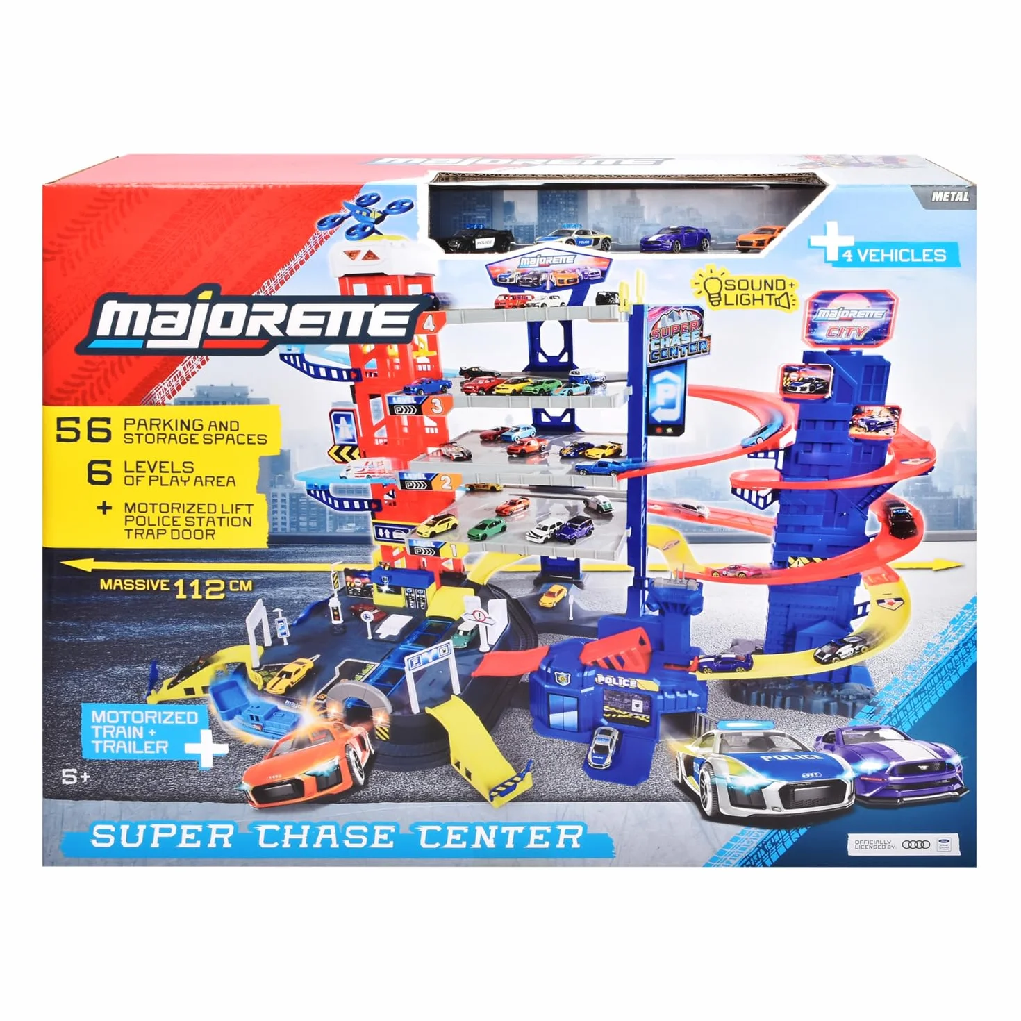 Majorette 212059984, garaż 6 poziomowy, winda, światło, dźwięk, lokomotywa, super centrum pościgu