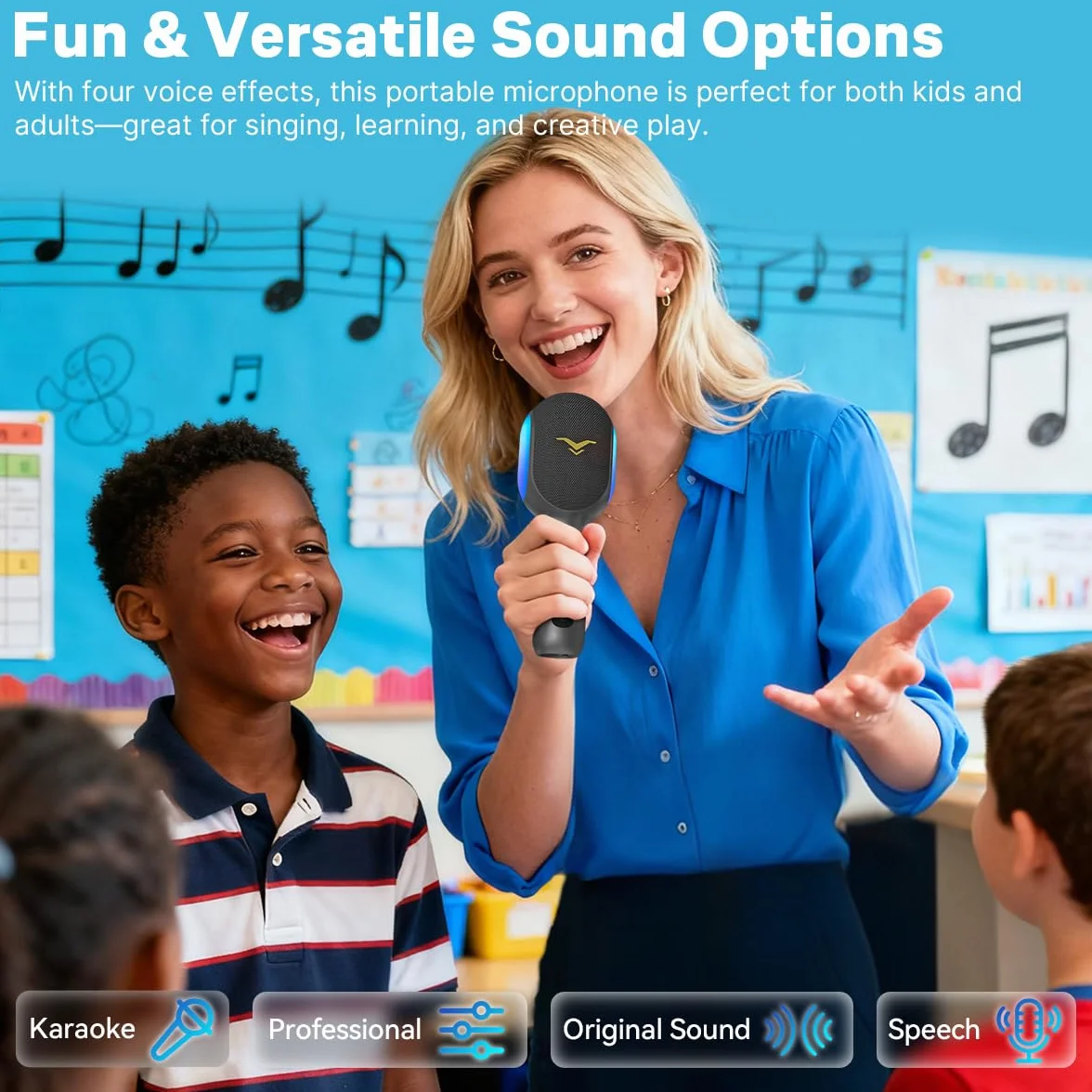 StageSound Mikrofon do karaoke, bezprzewodowy Bluetooth LED, przenośny zestaw dla dzieci, nagrywanie muzyki, tryb akompaniamentu, domowe urządzenie do karaoke, kompatybilny z systemem iOS Android FM w
