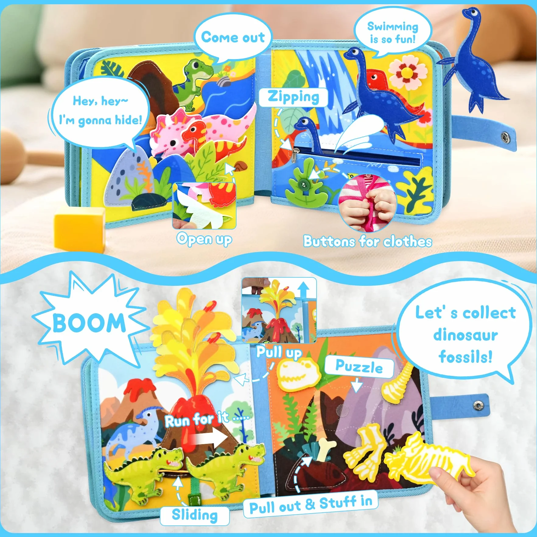 Busy Board od 1, 2, 3 lata, motyw dinozaurów, zabawka, zabawka Montessori, do podróży, samochodu, samolotu, zajęć edukacyjnych dla małych dzieci, busy Book prezent urodzinowy