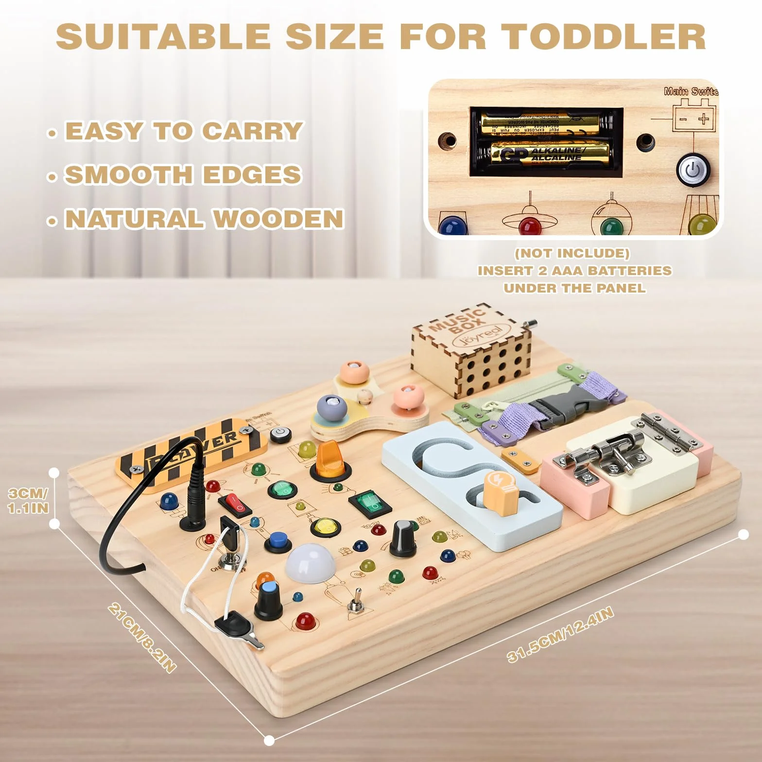 Joyreal Montessori Busy Board 2 w 1 od 1 roku życia, drewniana zabawka motoryczna, sensoryczna zabawka Montessori z 20 diodami LED, 19 motoryki, prezent dla 1, 2, 3 lat, dla chłopców i dziewczynek