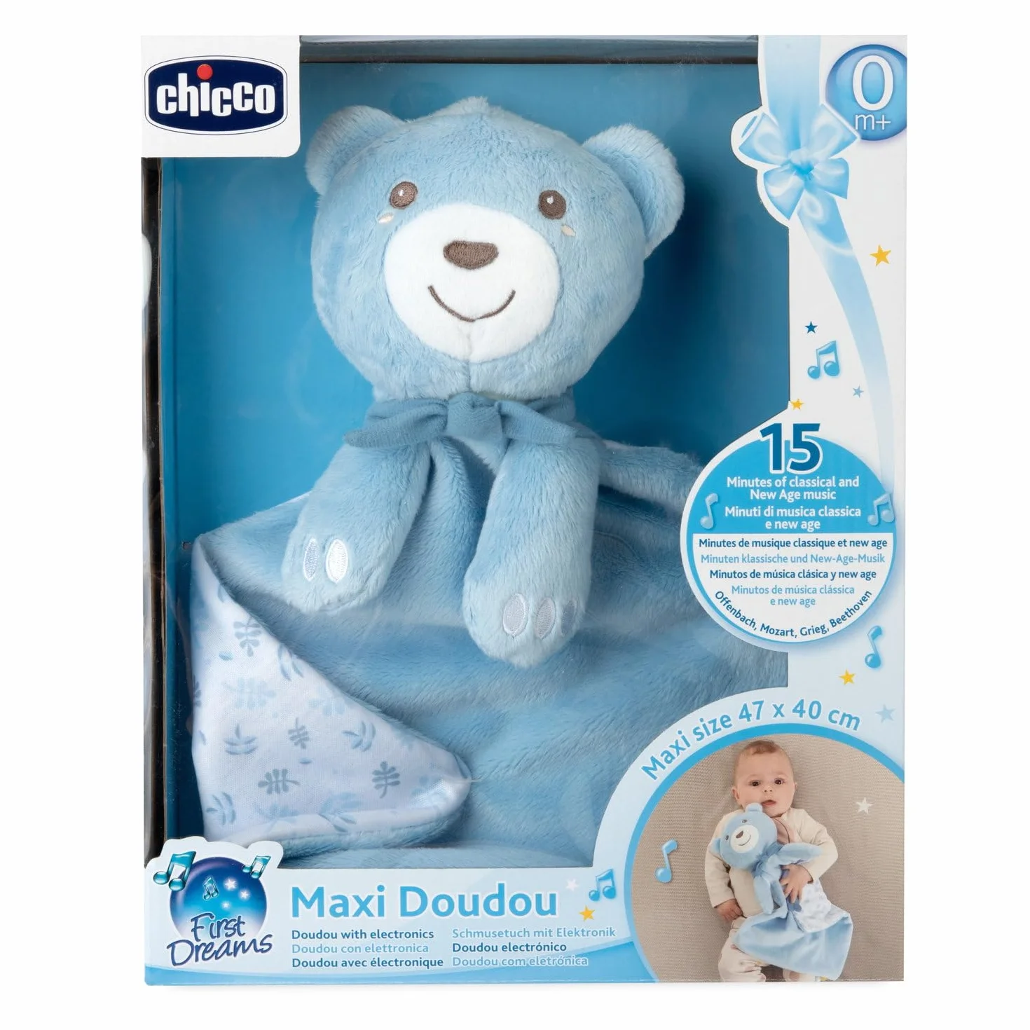 Chicco Gra Maxi Doudou, pluszowa zabawka z miękkiego aksamitu w kształcie misia, z muzyką klasyczną i New Age, pluszowa zabawka dla niemowląt, miękka do przytulania, zabawka dla dzieci w wieku 0+