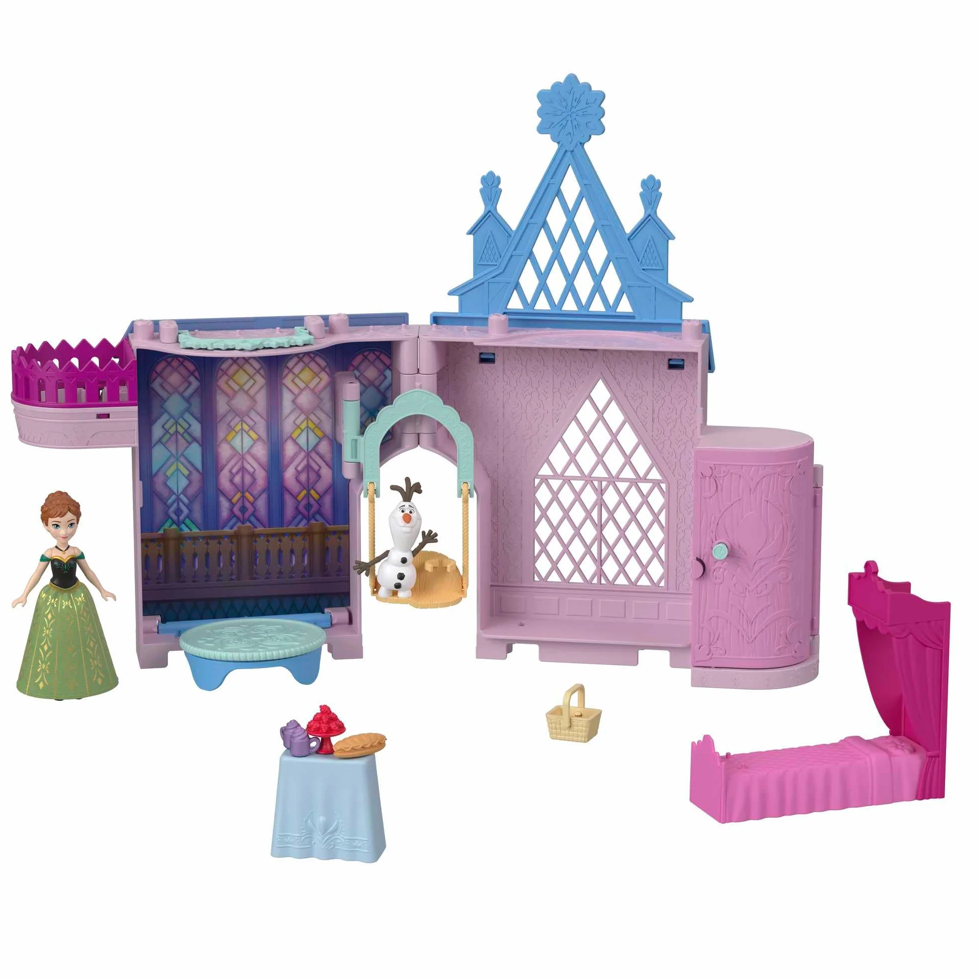 Mattel Disney Kraina Lodu Arendelle Castle zestaw modułowy z mini lalką Olaf i 7 akcesoriami, zabawka dla dzieci 3+