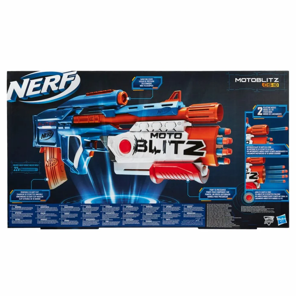 Wyrzutnia Nerf Elite 2.0 Motoblitz, zautomatyzowane wystrzeliwanie 10 strzałek, wystrzeliwanie 6 strzałek naraz funkcją Airblitz, magazynek, 22 strzałki Elite