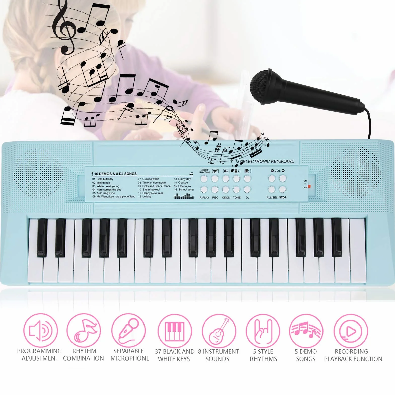 BF ‑ 3738 Musical Electric Keyboard Piano z 37 klawiszami, instrument edukacyjny do nauki klawiatury z regulowaną głośnością muzyki dla początkujących(niebieski)
