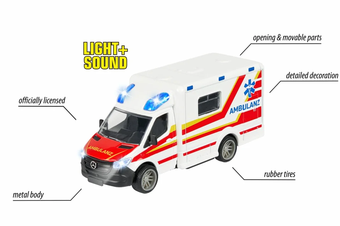 Majorette Grand 213712001038 MercedesBenz Ambulans 12,5 cm, światło i dźwięk, Licencjonowany metalowa karetka die cast do zabawy na świeżym powietrzu, prezent dla dzieci od 3 lat