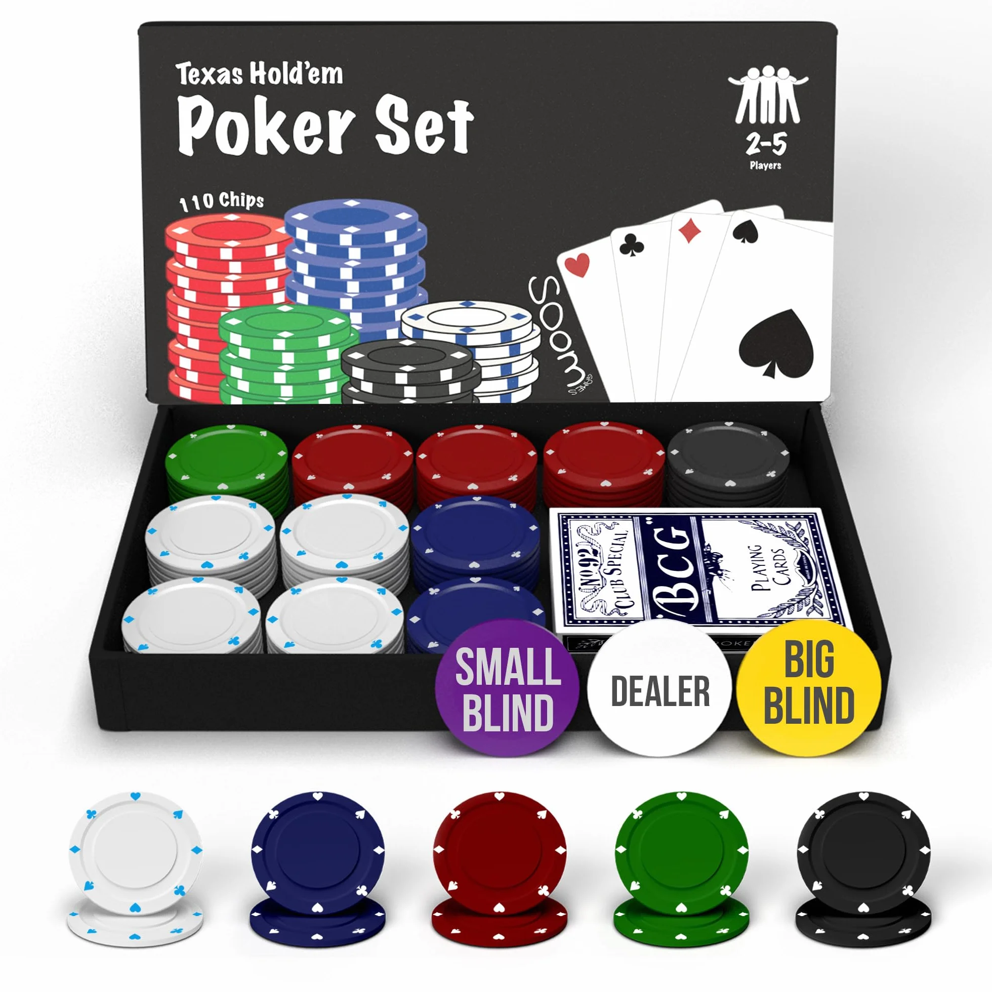 Zestaw do pokera dla 2-4 graczy, zawiera 110 żetonów, przyciski Big Blind i Small Blind, przycisk dealera, karty do gry Texas Holdem, kompletny zestaw do pokera