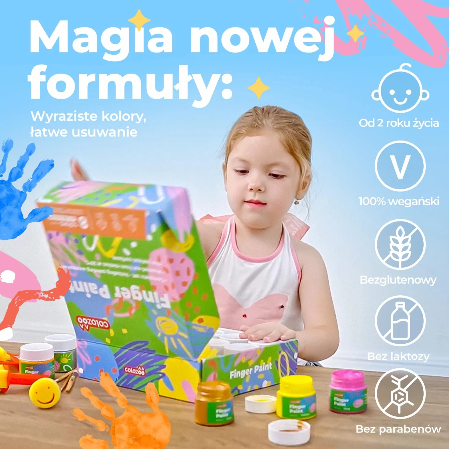 Colozoo Kids Finger Paint Set Inc. akcesoria do malowania | 8x100ml Colors Inc. złote i srebrne | bez parabenów, glutenu i laktozy, na bazie wody, wegańskie | łatwe do czyszczenia i zmywania