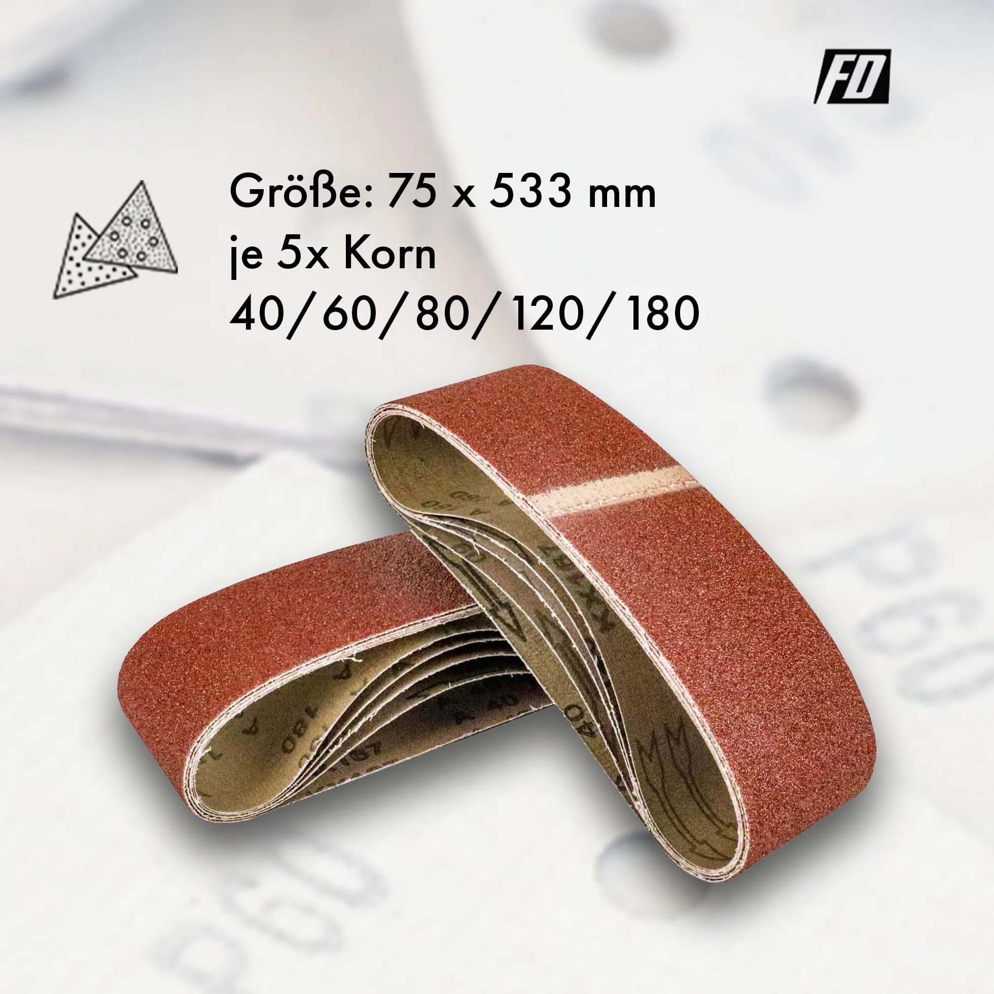 Taśmy szlifierskie tkaninowe │ 25 sztuk │ 75 x 533 mm │ po 5 x ziarnistość 40/60/80/120/180 │ do szlifierki taśmowej │ papier ścierny │ zestaw taśm szlifierskich