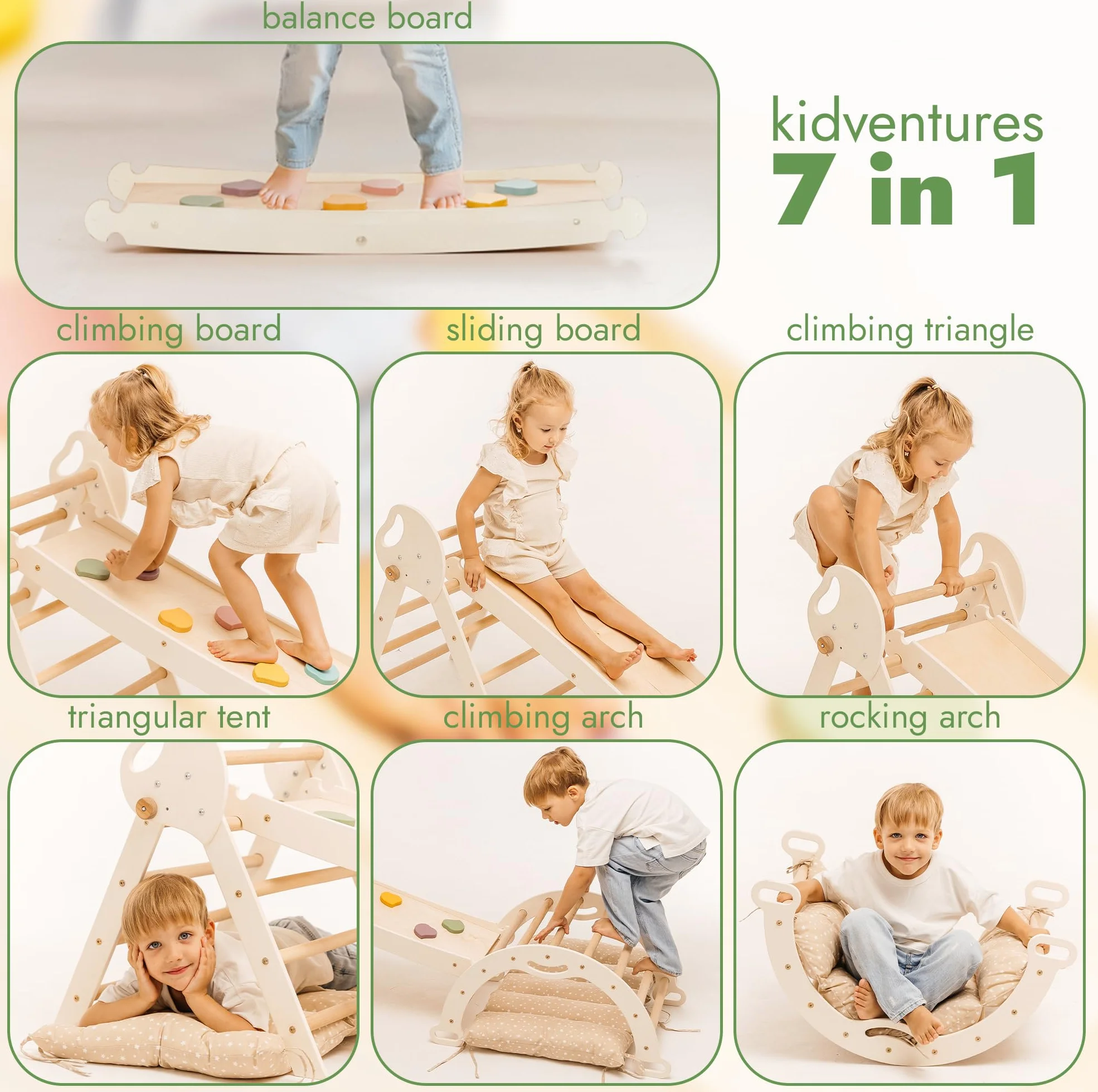 Goodevas Rama wspinaczkowa 5 w 1 dla dzieci - trójkątna drabina, łuk wspinaczkowy, deska i poduszka, rama wspinaczkowa Montessori, drewniana siłownia dla dzieci w wieku 1-3 lat