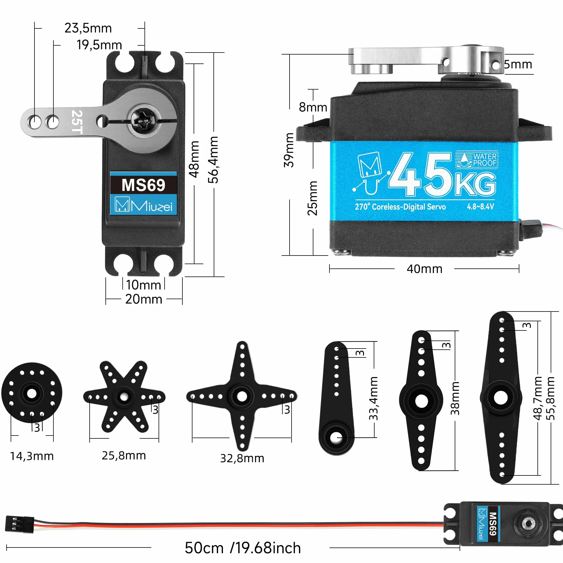 Miuzei RC Servo 45KG 270° bezrdzeniowy silnik cyfrowy serwo wysoki moment obrotowy w pełni metalowa skrzynia biegów do samochodu 1/8 1/10 1/12 ramię robota łodzi wodoodporna 4,8-6,0-8,4 V przekładnia
