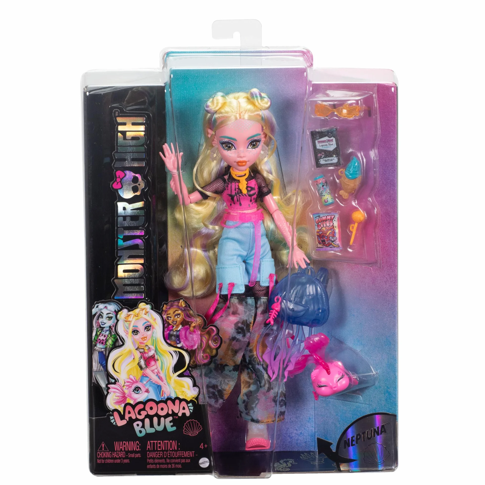 Monster High Lagoona Blue Lalka w siateczkowej koszulce i bojówkach z figurką rybki Neptuny i akcesoriami, takimi jak plecak, „przekąska” i notatnik, HXH75