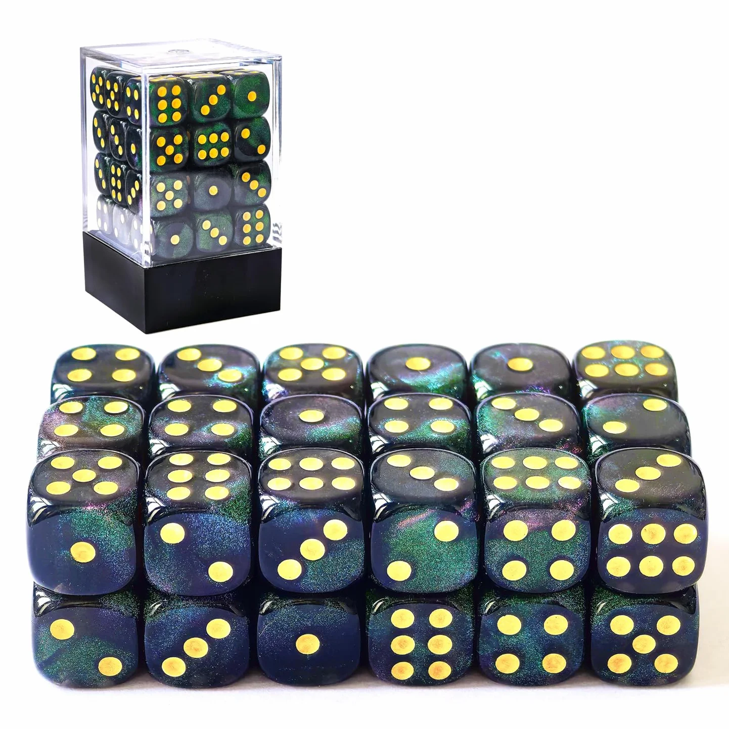 Bescon Moonstone Zestaw 36 kości z 6 licami, kamień księżycowy, 91,4 cm, kości D6 z zielonymi cekinami, 36 szt., sześciokrotne matryce 12 mm, 36 szt