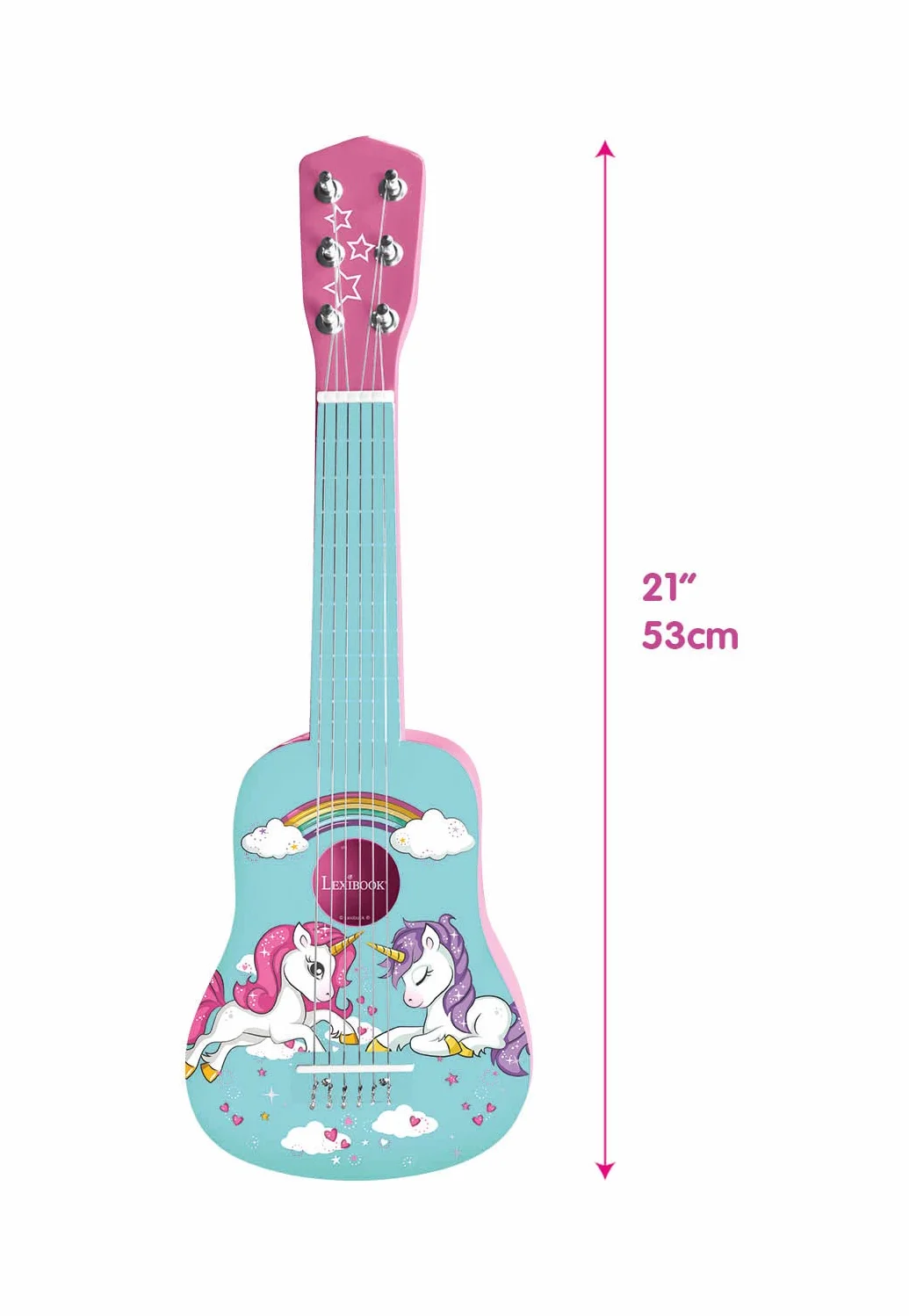 Lexibook Drewniana Gitara Jednorożec, 6 Strun, 53 cm, Przewodnik w Zestawie, Różowy, Niebieski, K205UNI