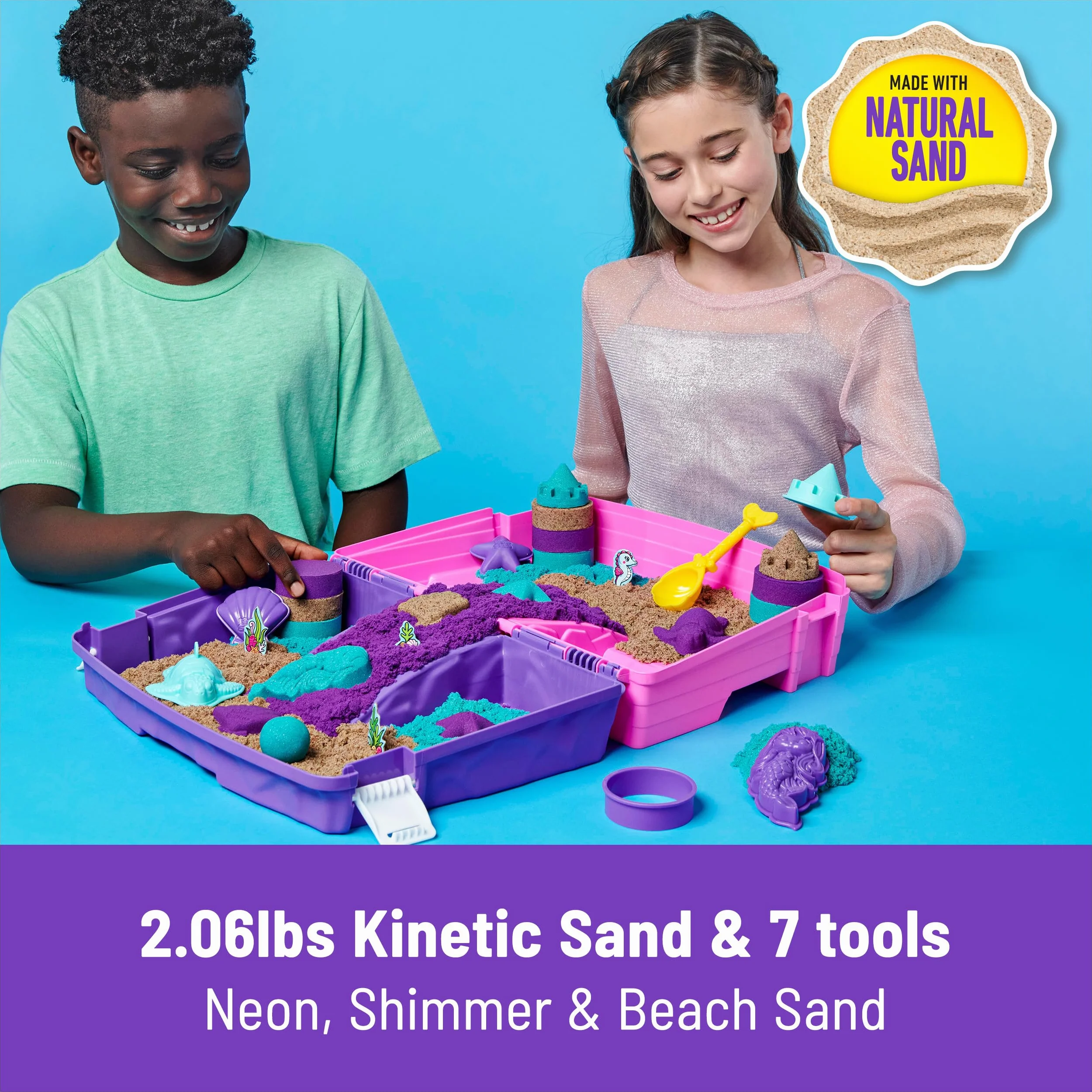 Kinetic Sand, Zestaw do zabawy w pałacu syrenki, 0,9 kg połyskującego piasku do zabawy, składana piaskownica wielokrotnego użytku i narzędzia, zabawki sensoryczne dla dzieci w wieku od 3 lat