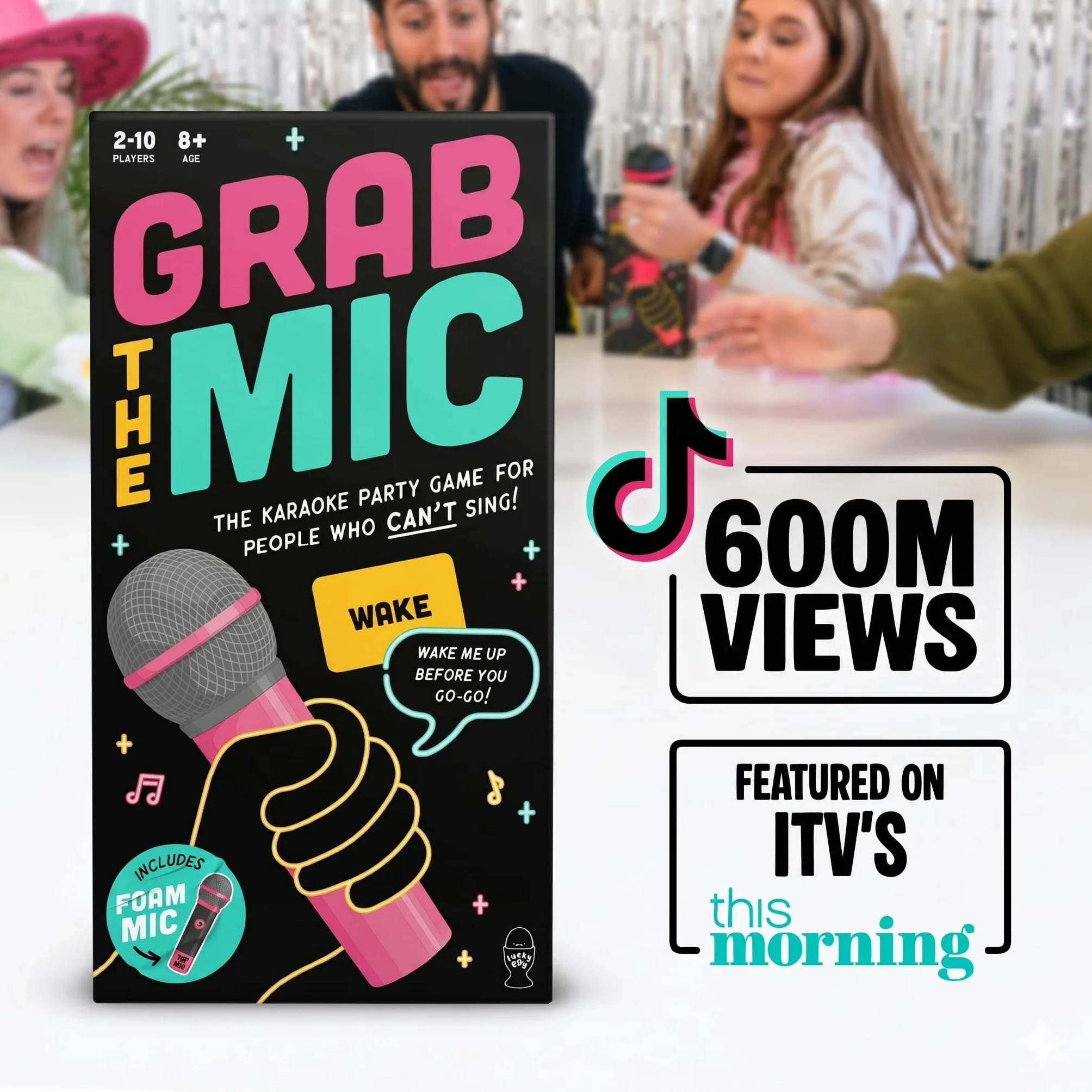 Lucky Egg Spannendes „Grab The Mic“ – Das Karaoke-Spiel für die ganze Familie ab 8 Jahren, 2–10 Spieler – Brettspiel für schlechte Sänger – 250 Songtextkarten für einen lustigen und witzigen Spieleabe