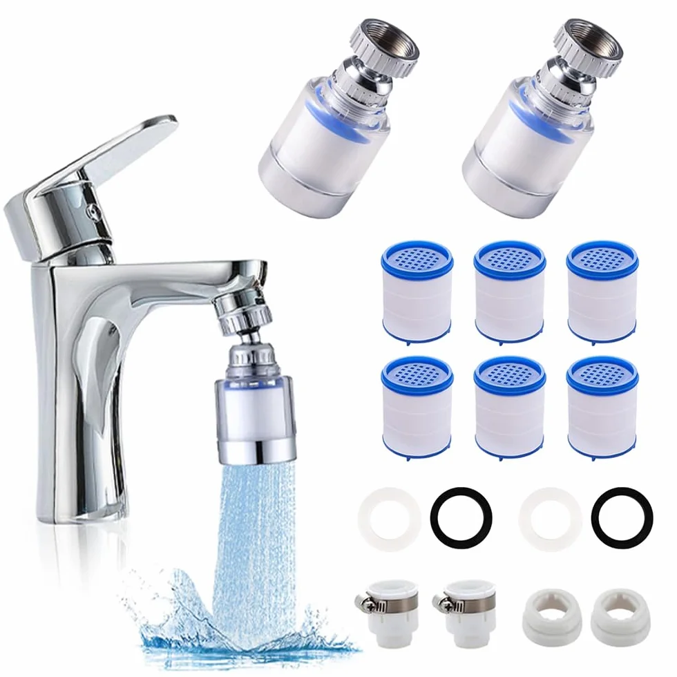 2 sztuki filtrów do wody, kran, obracany o 360°, filtr do kranu z 6 elementami filtrującymi z bawełny PP, odpowiedni do domu, umywalki, kuchni i łazienki