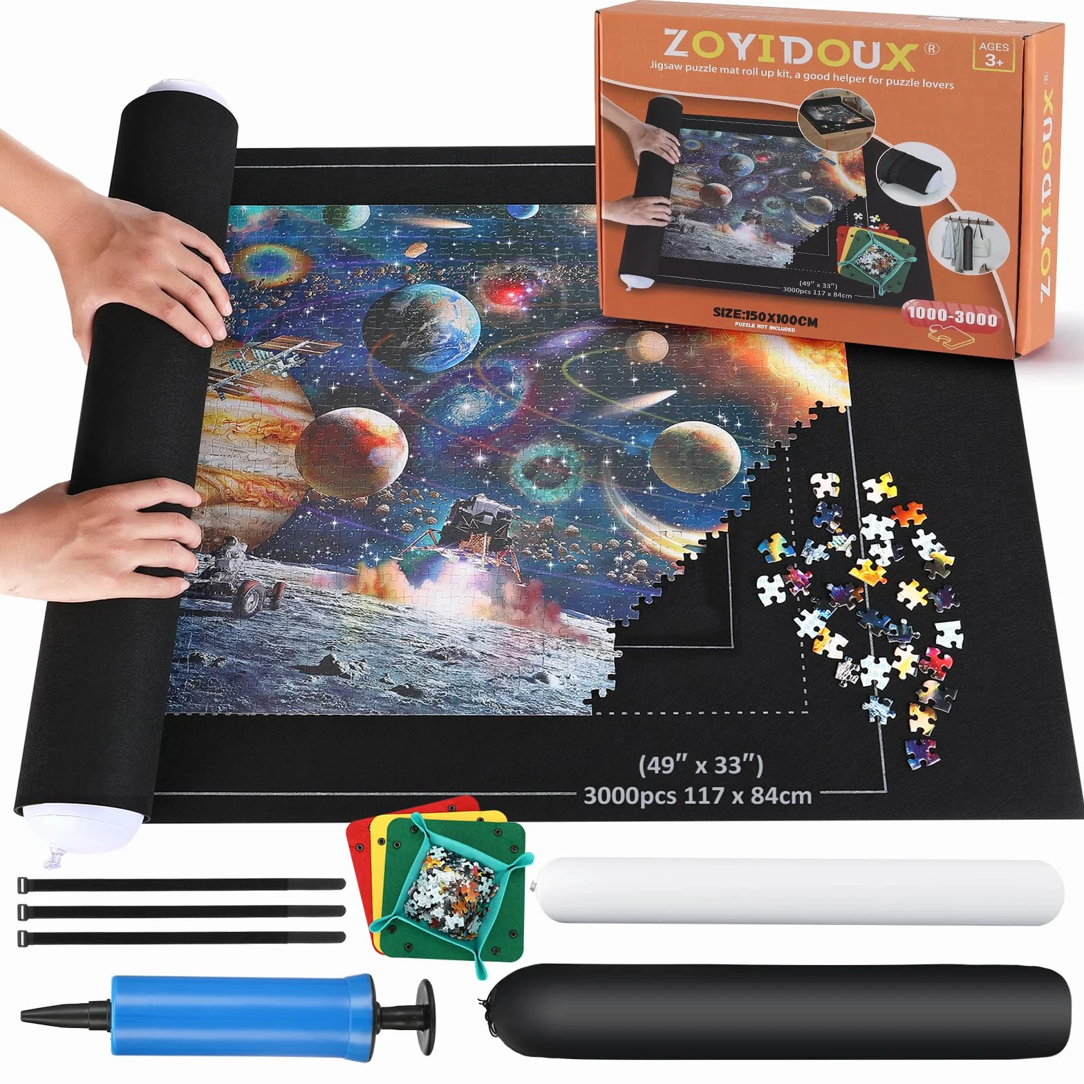 Mata zwijana do puzzli do 3000 sztuk, duży filcowy schowek z nadmuchiwaną rurką, łatwa do przechowywania i przenoszenia, dla entuzjastów