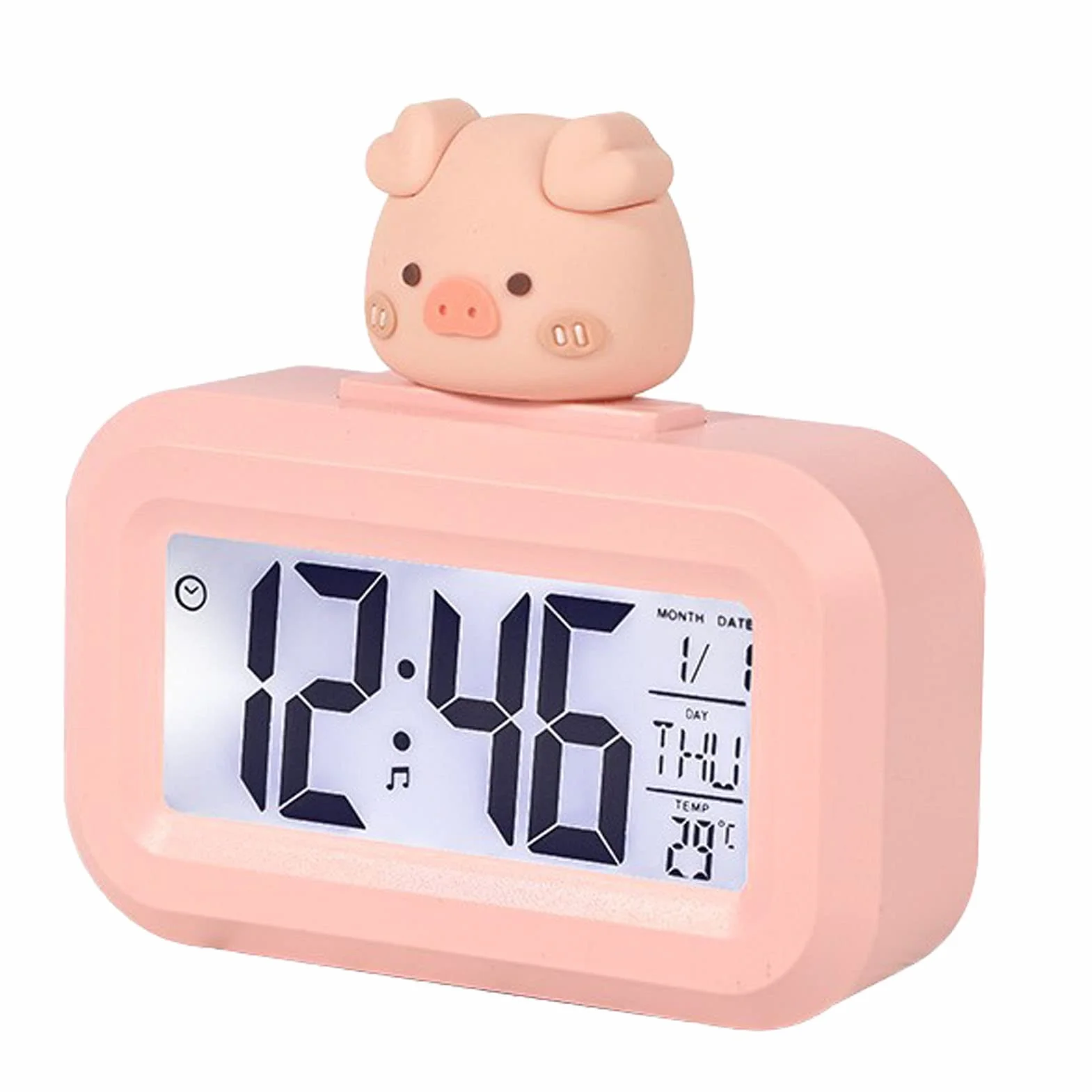 Śliczny Elektroniczny Alarm, Rysunkowy Ekran LED, Elektroniczny Zegar, Wyraźny Wyświetlacz, Ochrona Oczu, Cyfrowy do Sypialni Dziecięcej (Różowa świnka)
