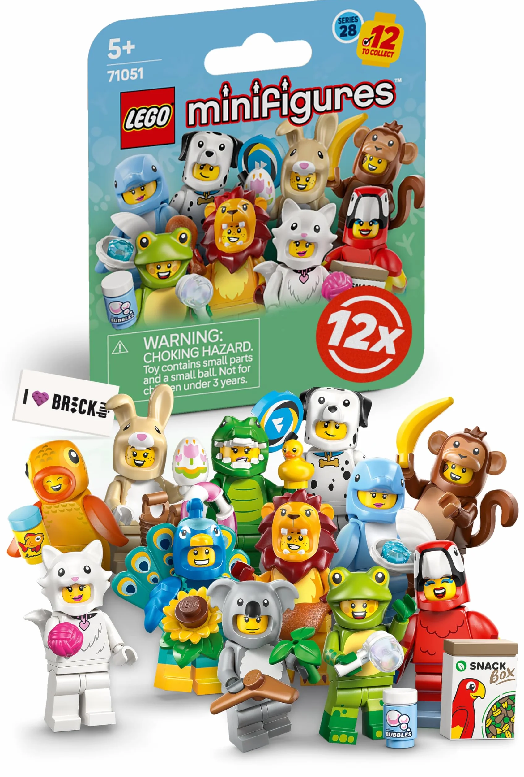 Lego Minifigurki z serii 28 z 12 figurkami: kompletny zestaw minifigurek Lego serii 71051 zwierzęta (w zestawie z płytkami z nadrukiem)