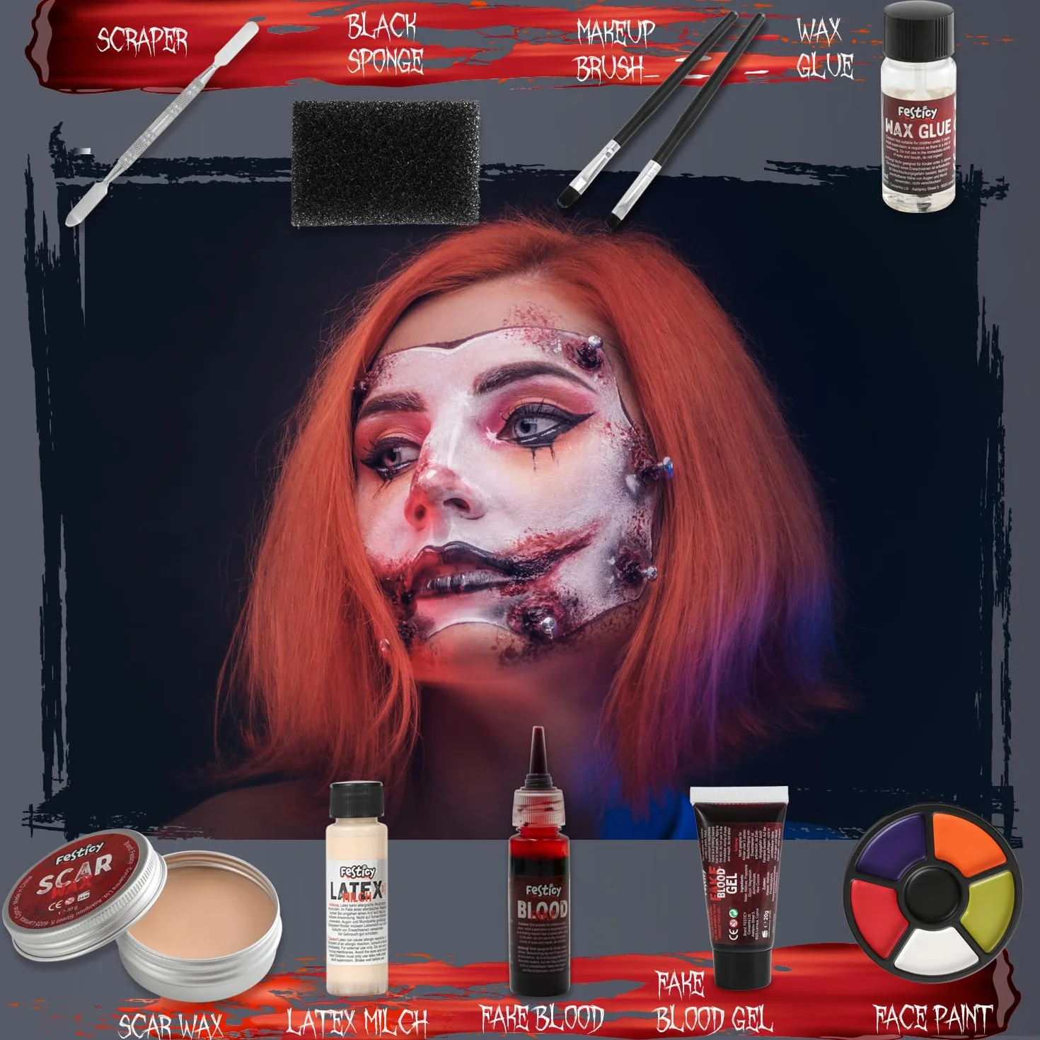 Festicy Specjalny zestaw do makijażu na Halloween, SFX, kompletny zestaw ze sztuczną krwią, lateksem, woskiem do blizn i akcesoriami, sztuczna krew do skóry i ubrań, na Halloween, do przerażających