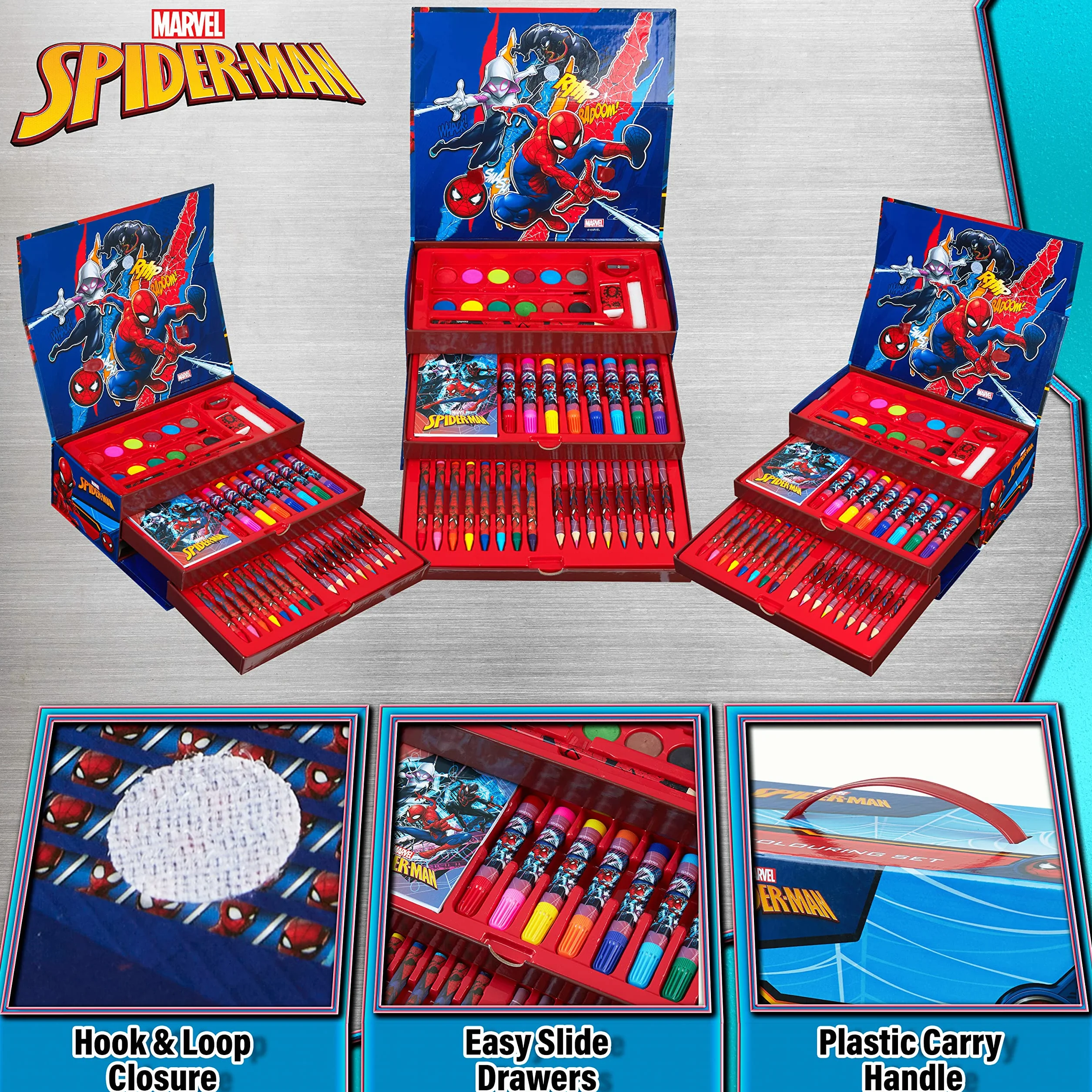 Marvel Etui artystyczne dla dzieci z kolorowymi ołówkami, markery, kredki, akwarele, materiały do rysowania, podróżny zestaw artystyczny, prezenty dla dzieci (wielokolorowy Spiderman)