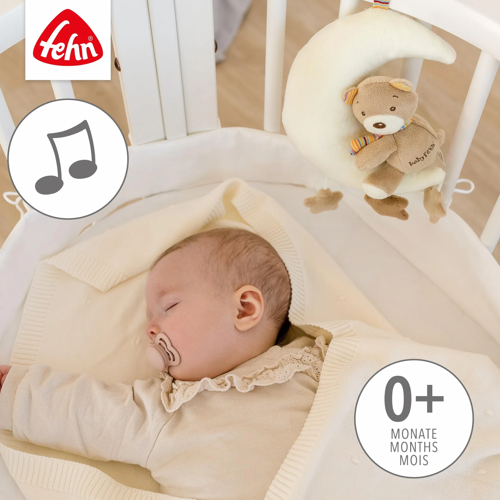 Fehn 160185 Pozytywka Miś w Księżycu z możliwością prania - melodia Kołyska Brahms dla niemowląt od 0 miesięcy