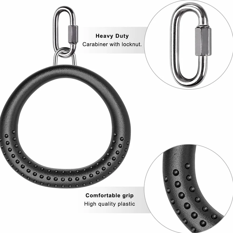 Dolibest 2PCS Round Trapeze Swing Bar Rings with Carabiners, Swingset Accessories Outdoor for Ninja Swing Set Accessories Monkey Ring, Obstacle Ring Swing Toys Set for Kids Black