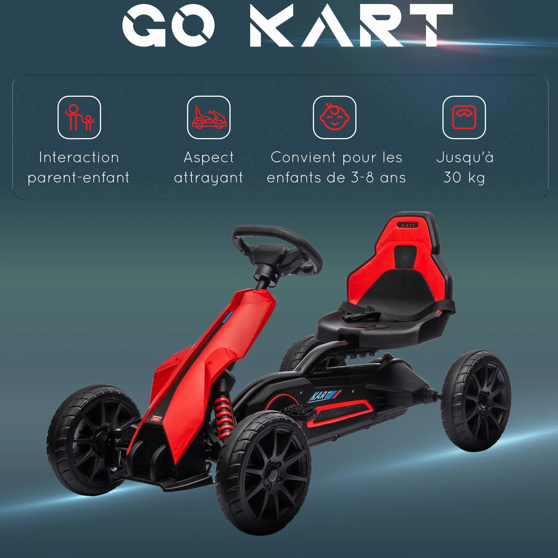HOMCOM Kart na pedały dla dzieci, go-Kart z regulowanym siedziskiem 4-pozycyjnym, ciche koła EVA, 100 x 58 x 58,5 cm, rower i pojazd dziecięcy, czerwony i czarny