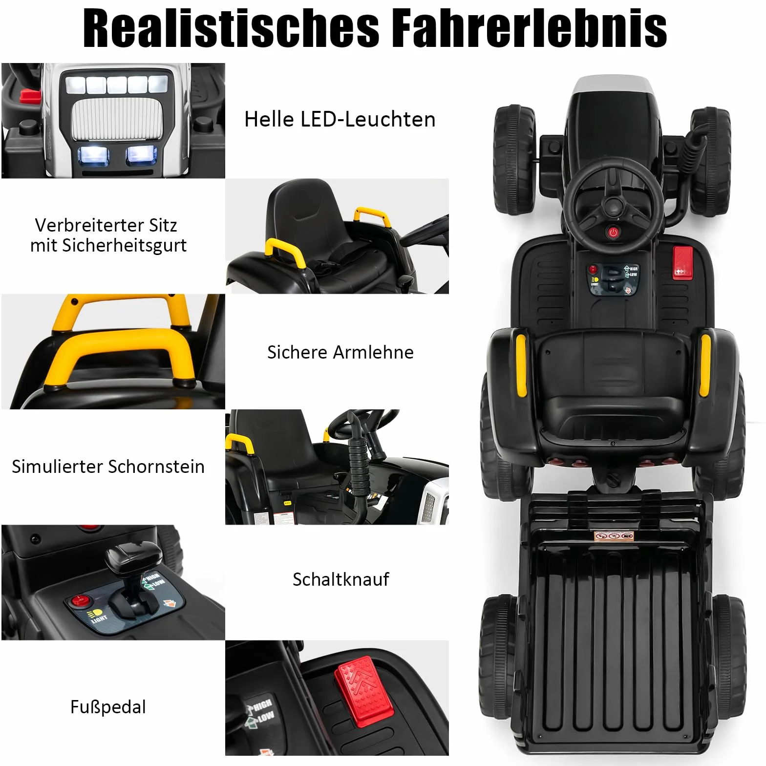 GOPLUS Elektryczny traktor dla dzieci 12 V z przyczepą, 3-biegowy pojazd elektryczny z pilotem zdalnego sterowania, samochód elektryczny z oświetleniem LED, muzyką i Bluetooth, obciążenie 30 kg, od 3