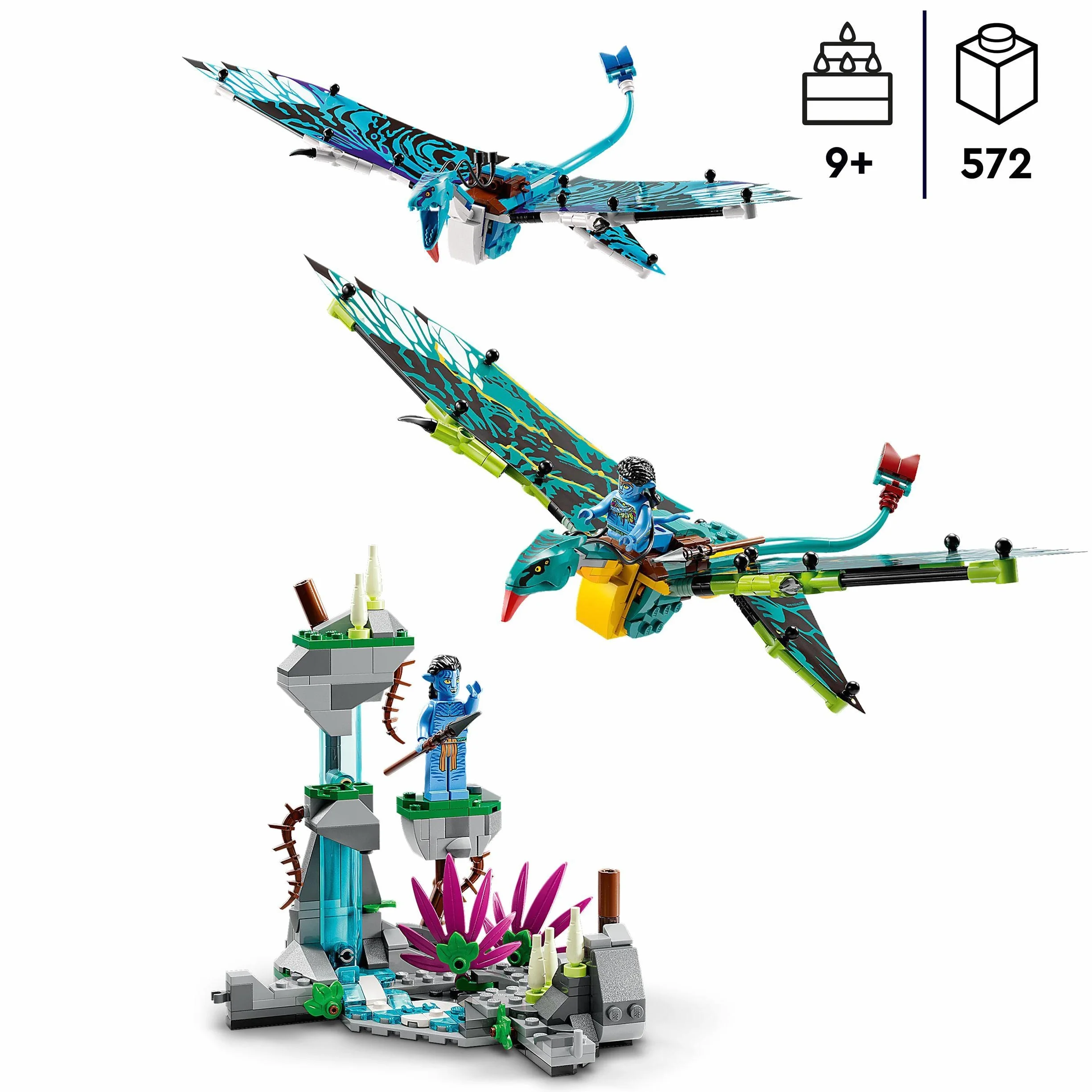 LEGO Avatar Pierwszy lot na zmorze Jake’a i Neytiri, zestaw z filmu „Avatar” z 2 figurkam zmór do zbudowania z ruchomymi, foliowymi skrzydłami, zabawka dla dziecka i prezent dla 9-latka, 75572