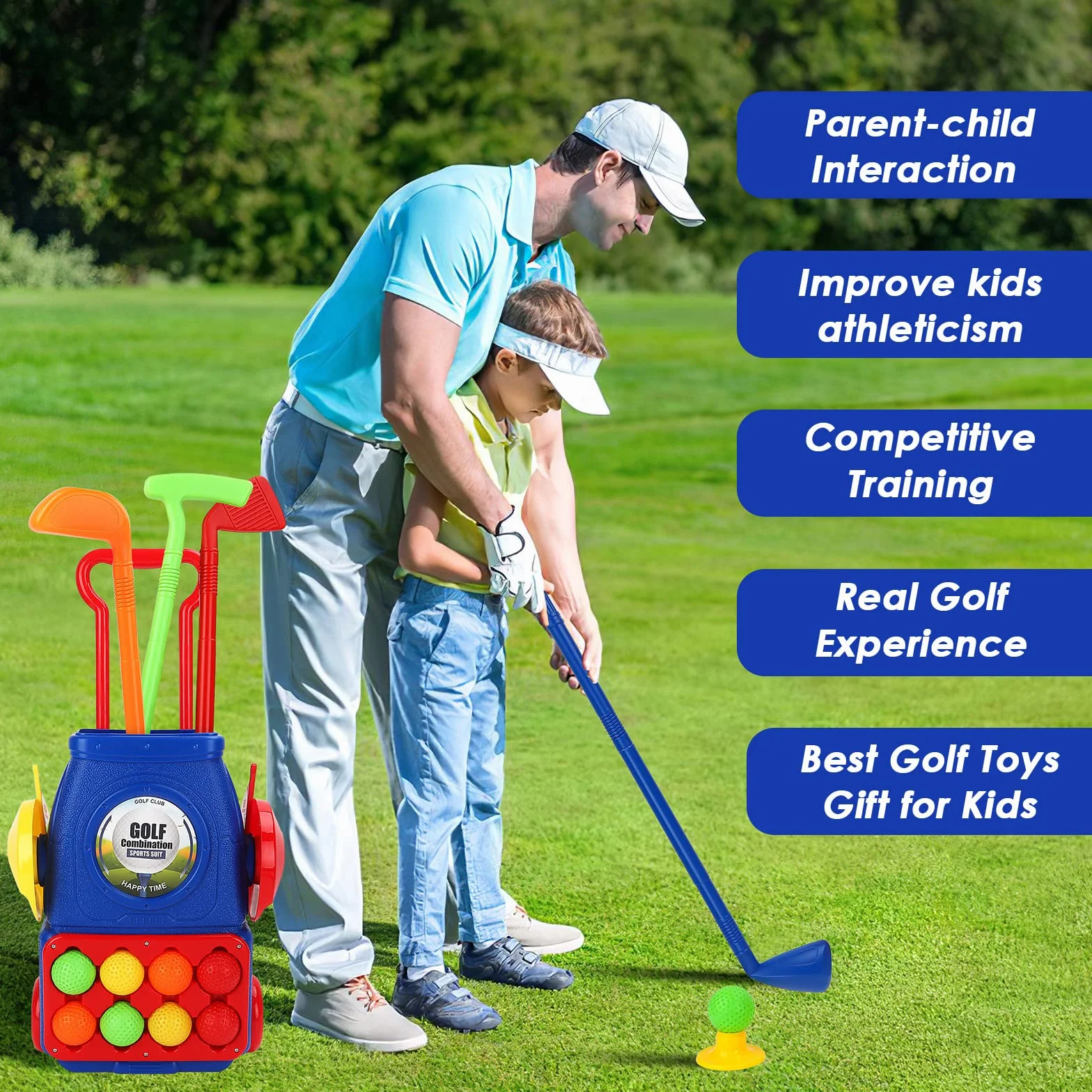 deAO Zestaw golfowy dla maluchów, zabawki do gry w golfa, do użytku wewnątrz i na zewnątrz, z 8 piłkami, 4 kijami golfowymi, 2 otworami treningowymi