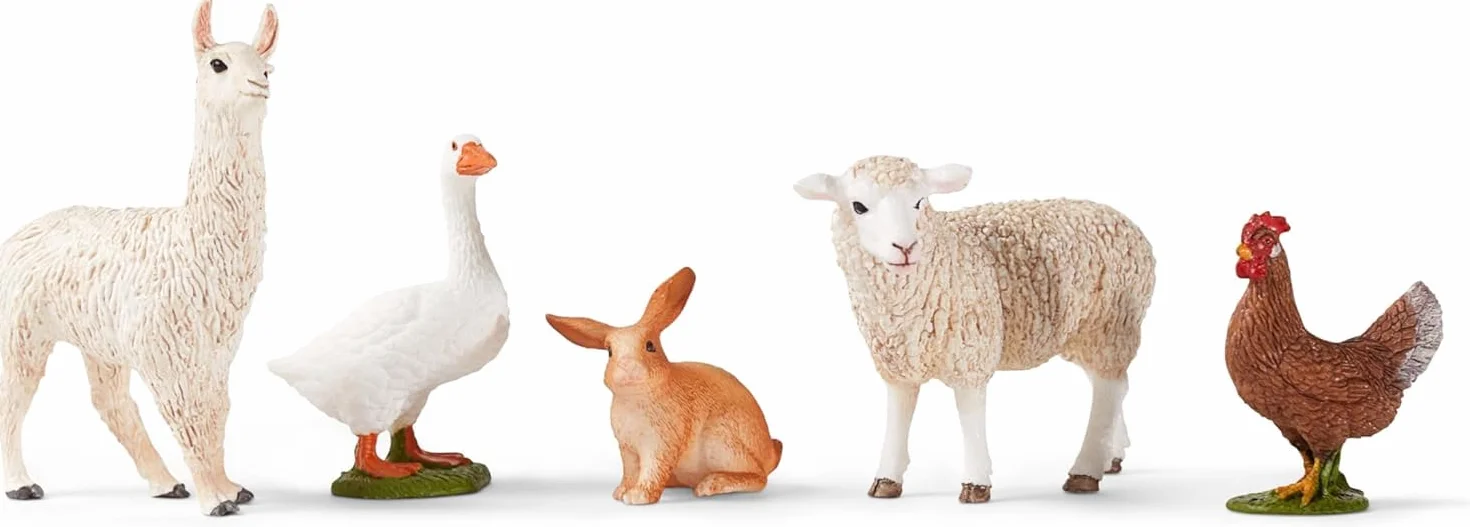 schleich FARM WORLD | Zestaw zwierząt z farmy 77536 z królikiem, gęsią, kurą, owcą i lamą | zabawka farmerska od 3 lat | szczegółowy zestaw 5-częściowy | tylko w Amazon