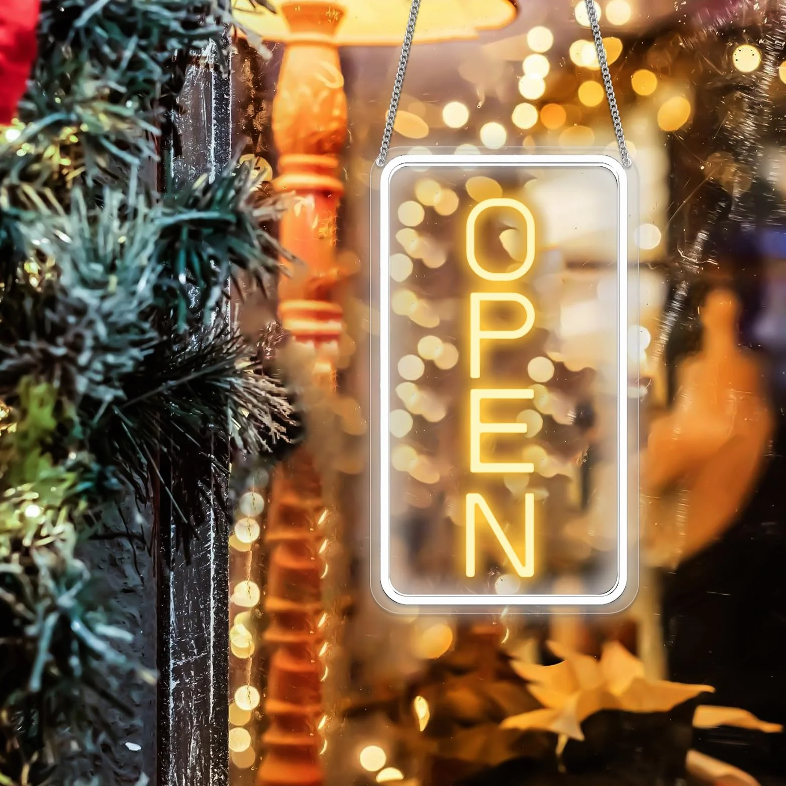 Open Neonowy szyld LED z adapterem wł./wył. 12 V, regulowana jasność, otwarta tabliczka do sklepu, baru, salonu, sklepu i kawiarni, żółto-biała, szyld reklamowy LED, neonowy znak, 18 x 38 cm, pionowa