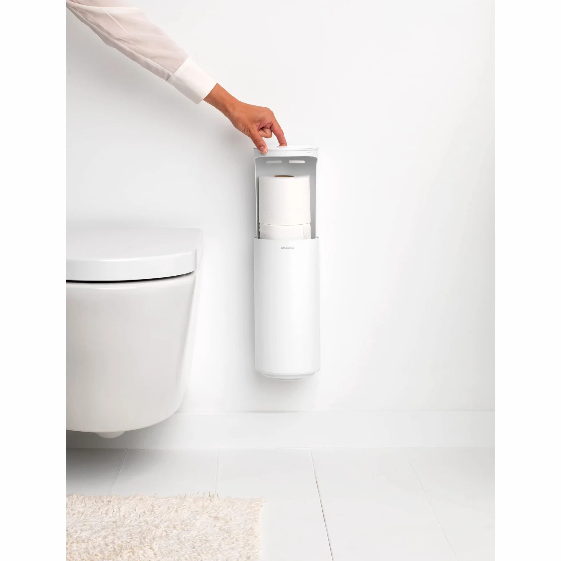 Brabantia - Mindset Dozownik na Papier Toaletowy - Miejsce Na 2 Zapasowe Rolki - Pasuje do Wszystkich Regularnych Rozmiarów Rolek - System Smart Lift - Fresh White - 30 x 15.1 x 13.7 cm